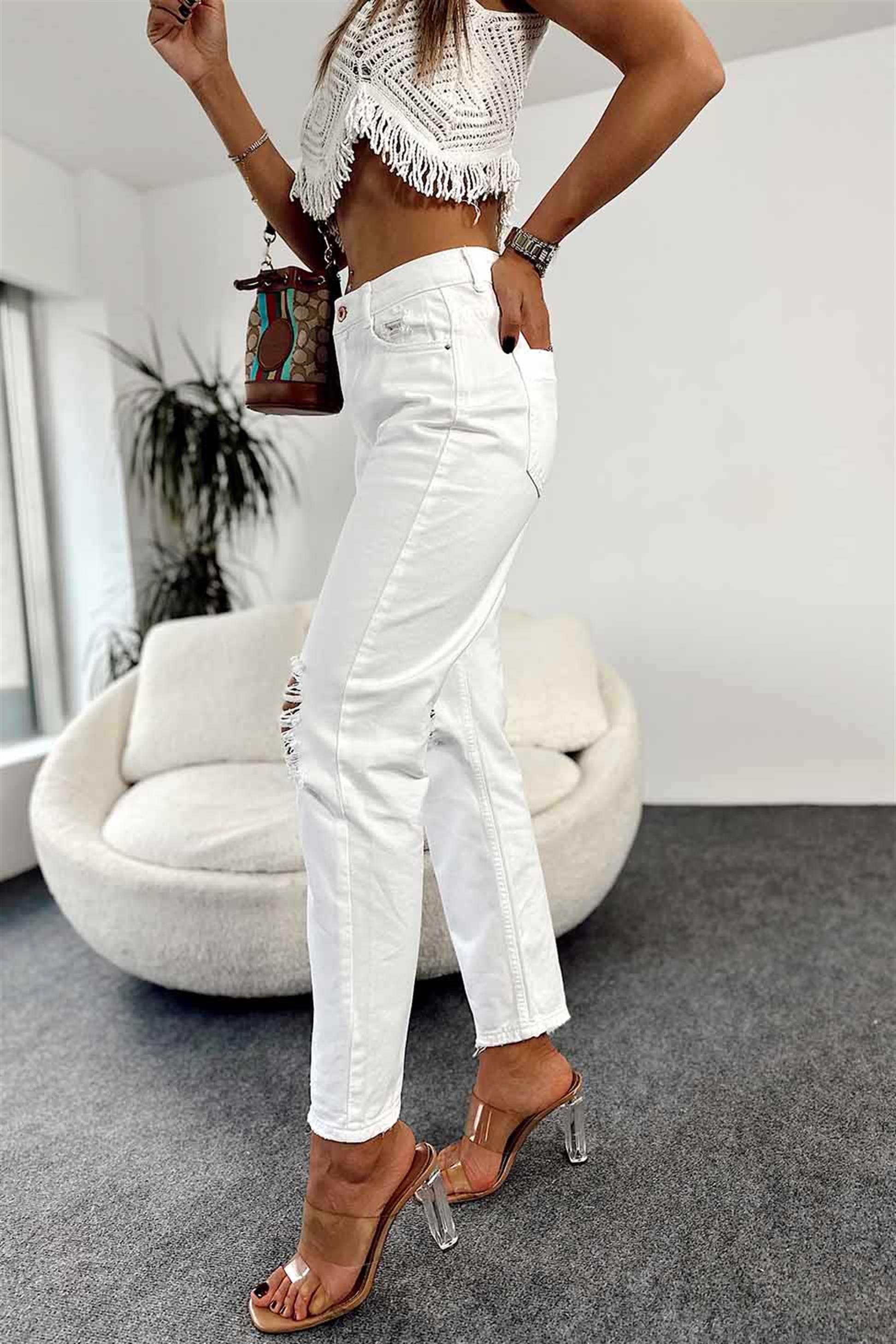 Zra Marka Model Dizi Yırtık Boyfriend Jean Pantolon Beyaz