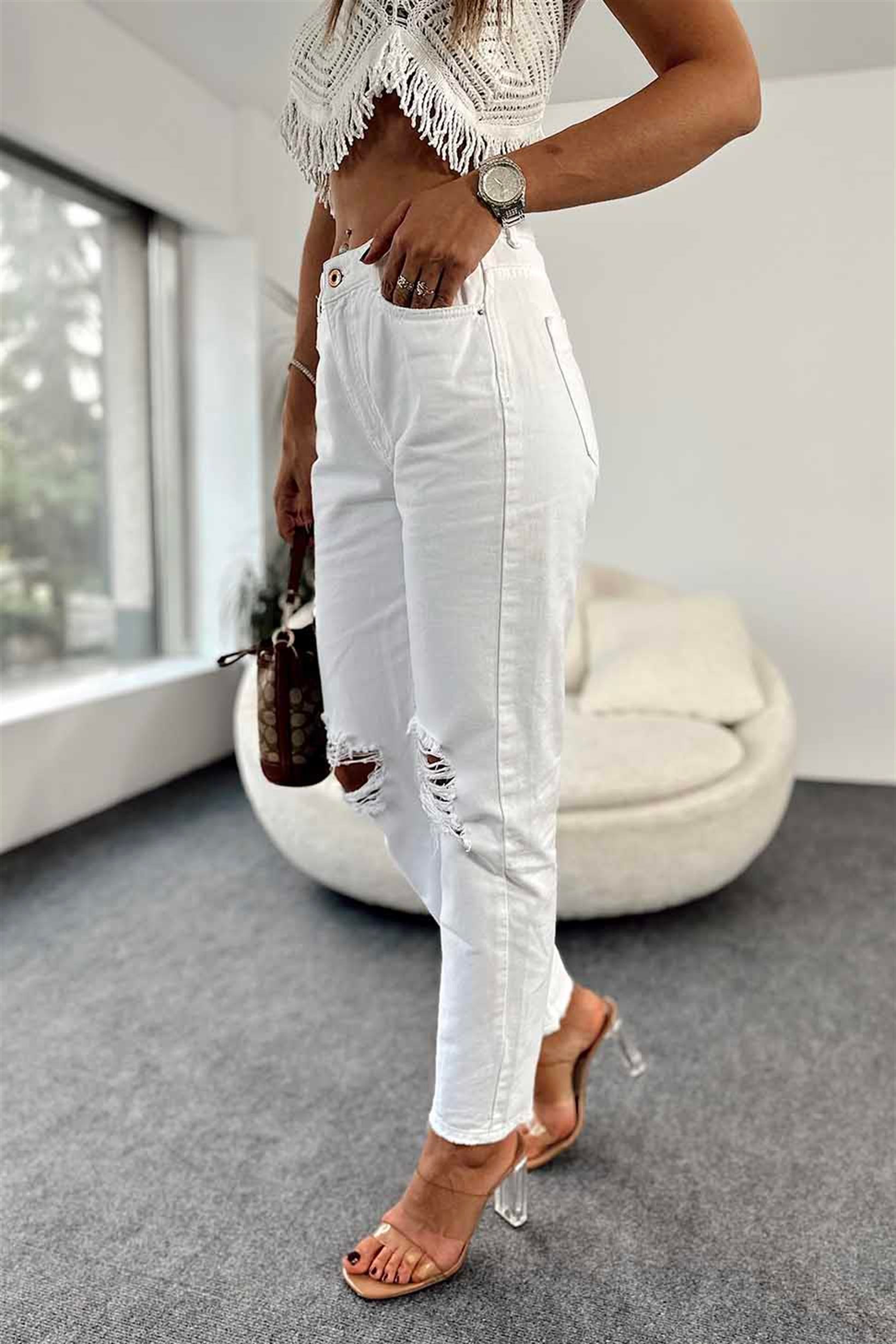 Zra Marka Model Dizi Yırtık Boyfriend Jean Pantolon Beyaz