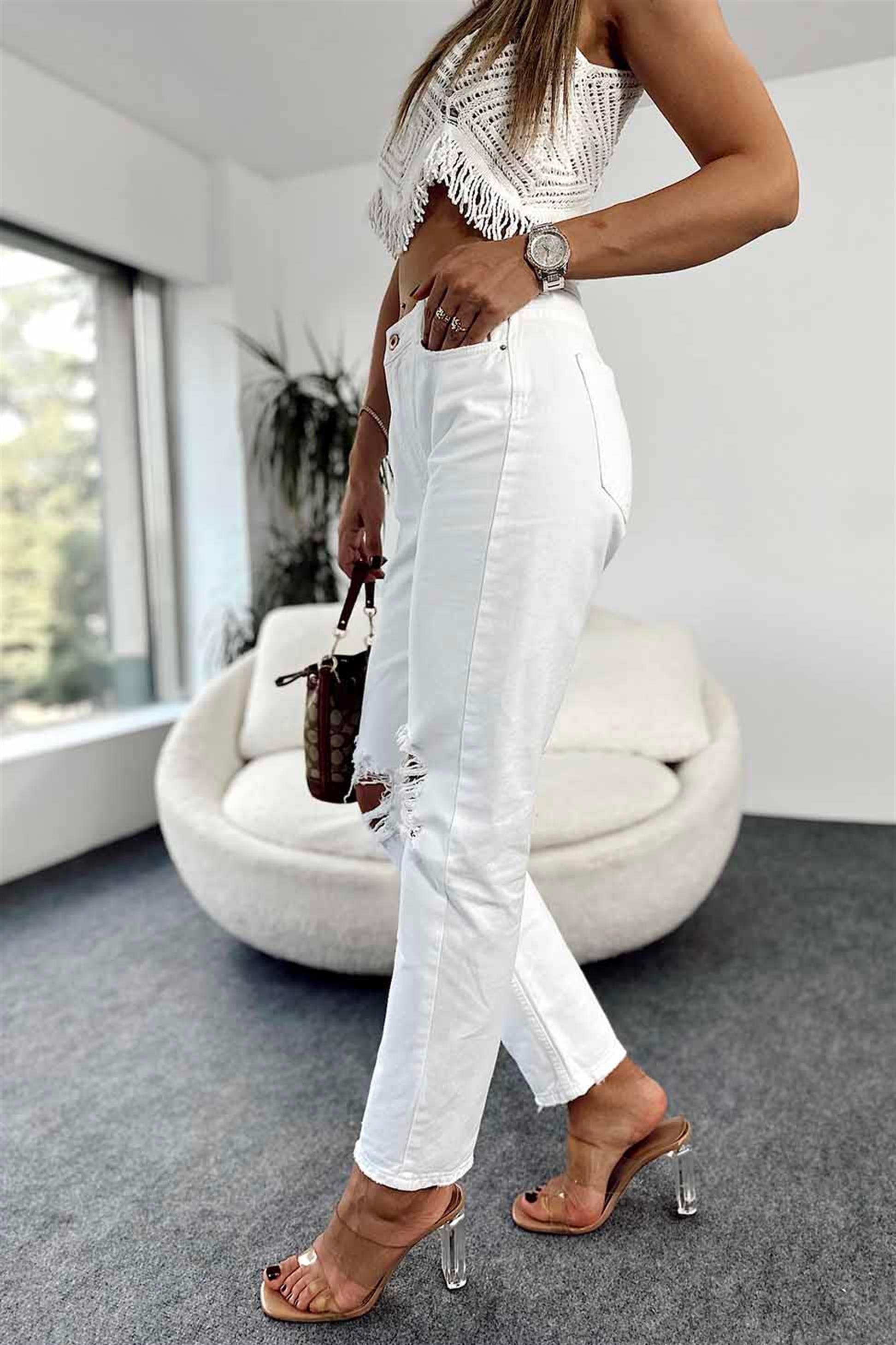 Zra Marka Model Dizi Yırtık Boyfriend Jean Pantolon Beyaz
