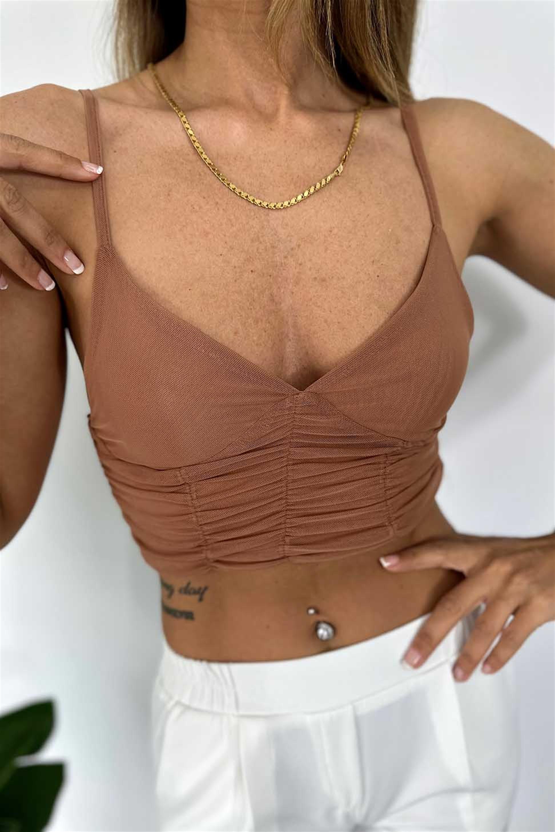 Zra Marka Model Drapeli Crop Top Kahve