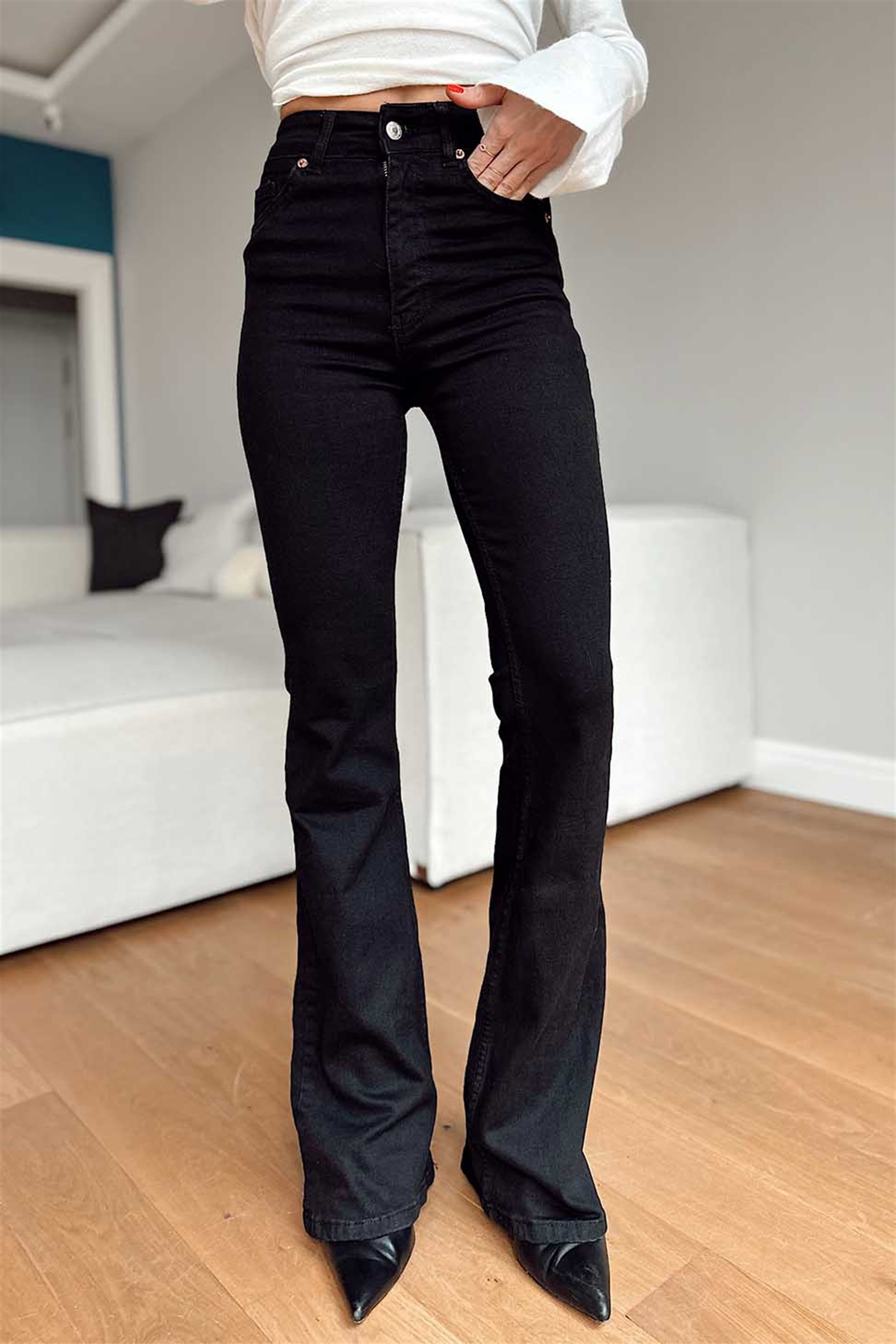Zra Marka Model Yüksek Bel İspanyol Paça Pantalon Siyah