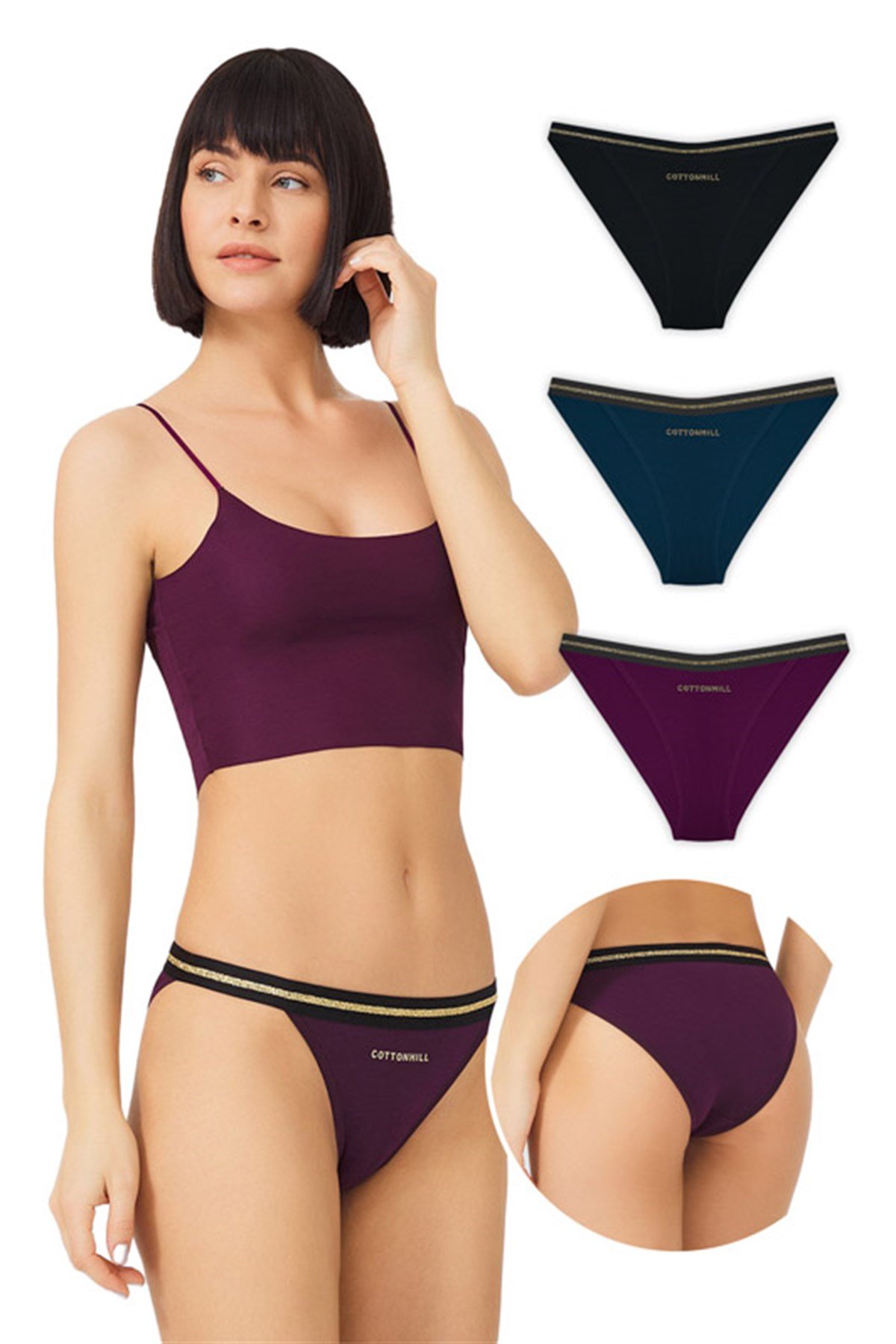 3'lü Paket Basic Simli Lastikli Pamuklu Bikini Külot