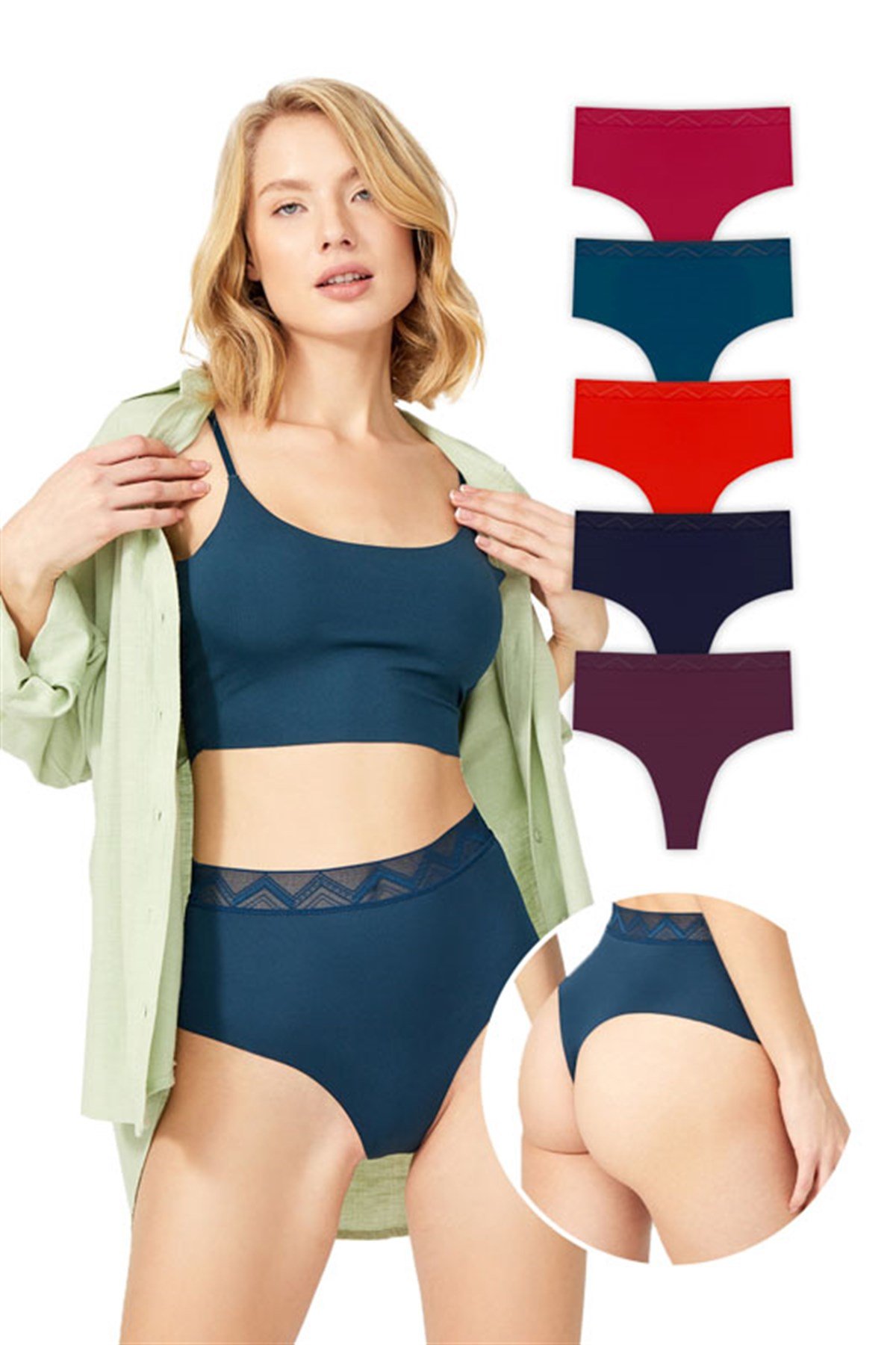 Basic Yüksek Bel Lazer Kesim Tanga Külot 5'li Paket