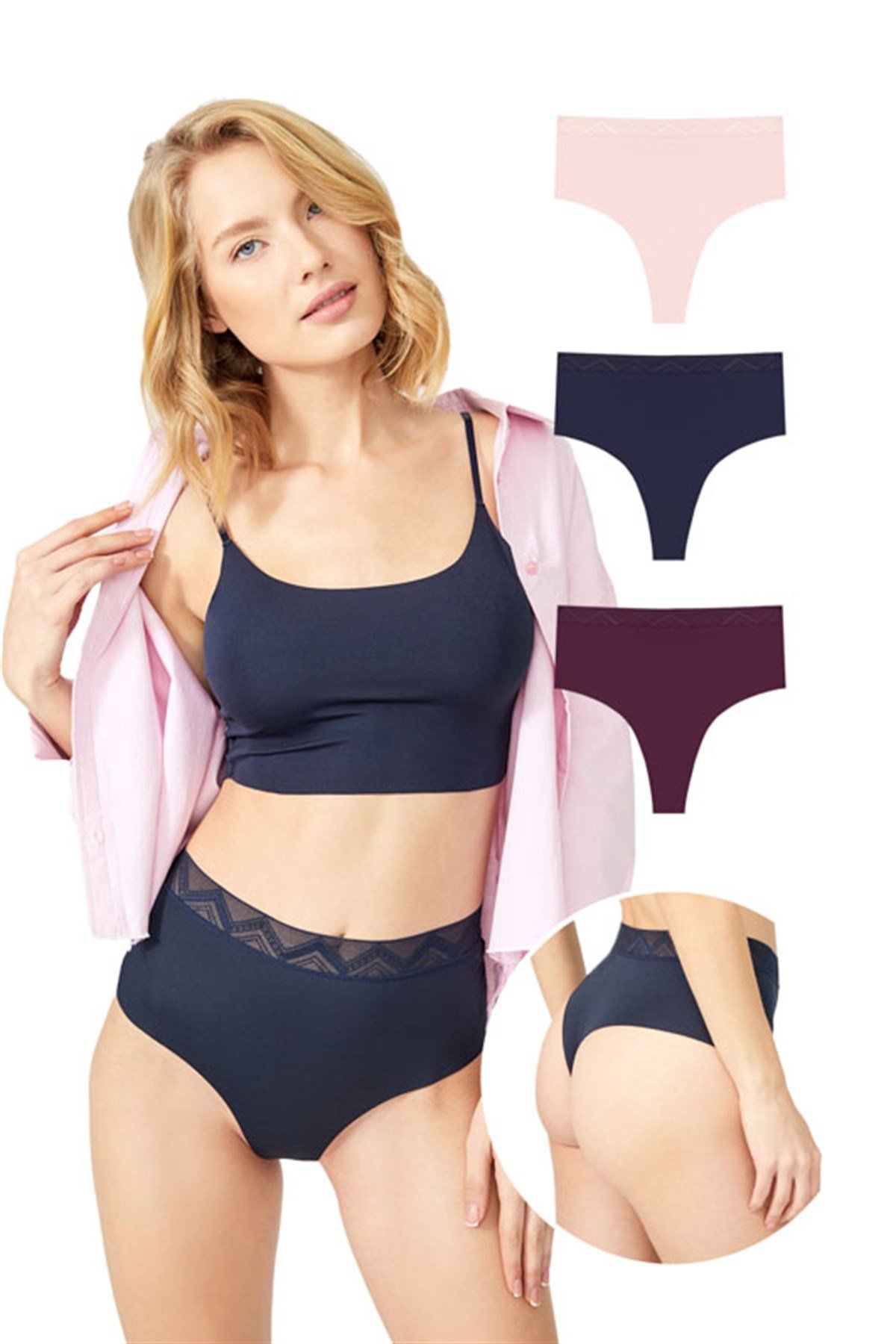 Basic Yüksek Bel Lazer Kesim Tanga Külot 3'lü Paket - 5