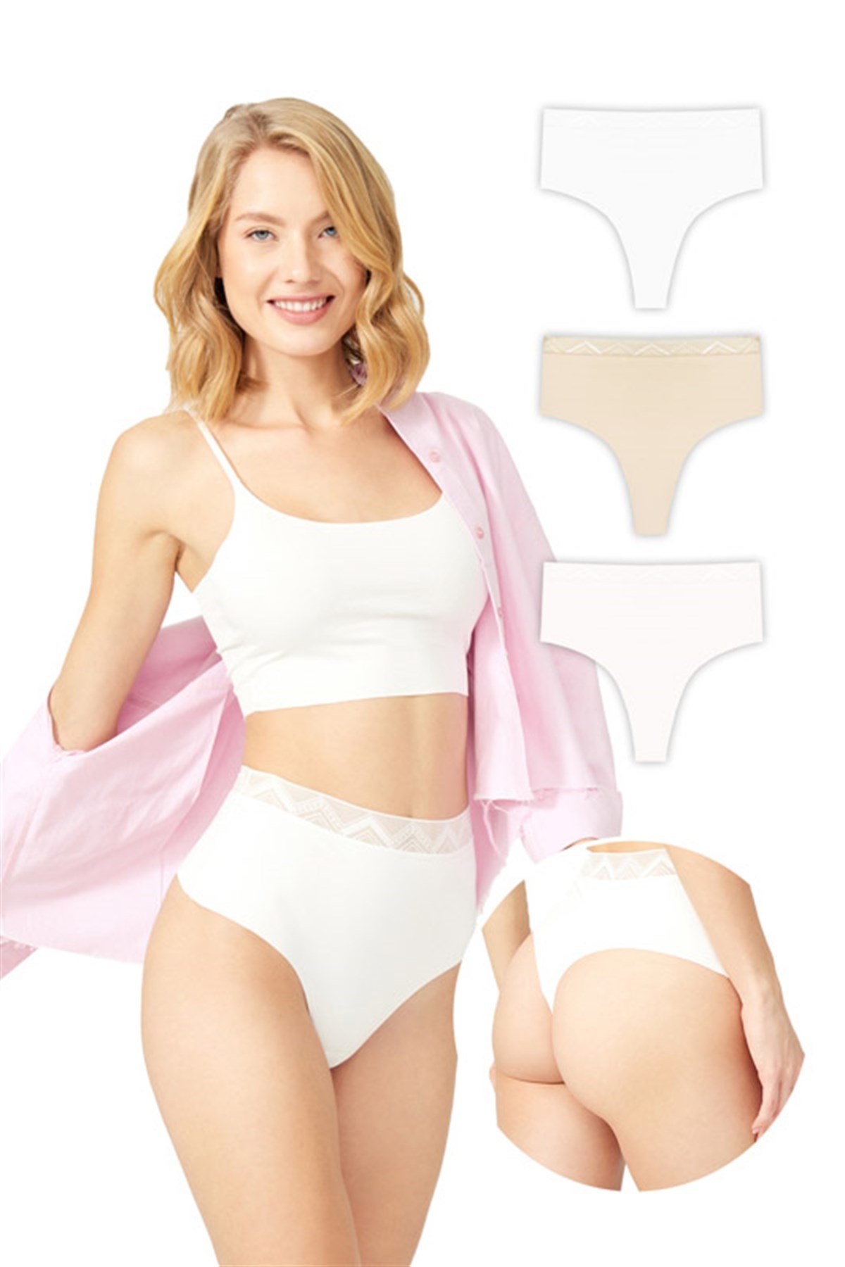 Basic Yüksek Bel Lazer Kesim Tanga Külot 3'lü Paket