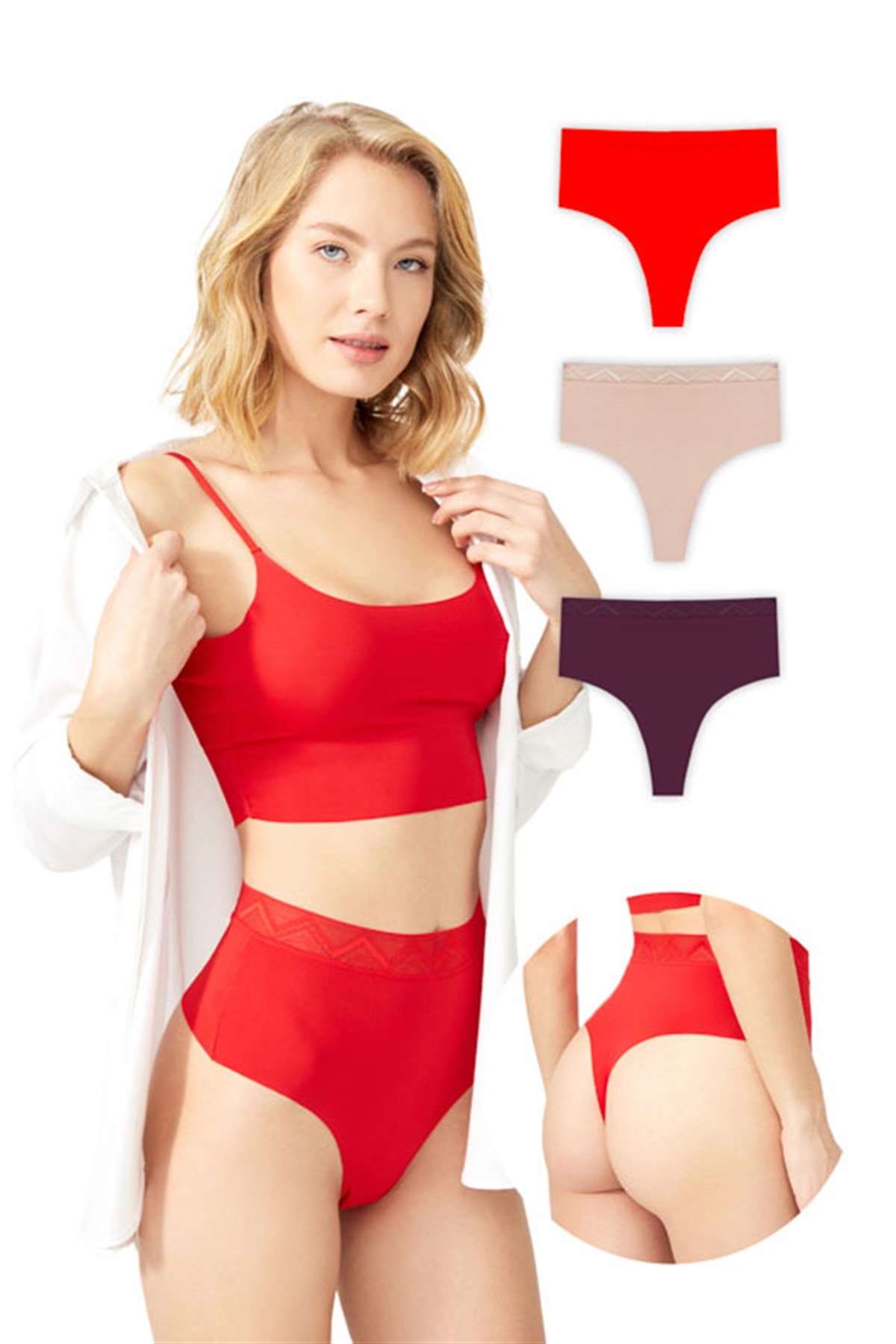 Basic Yüksek Bel Lazer Kesim Tanga Külot 3'lü Paket - 6