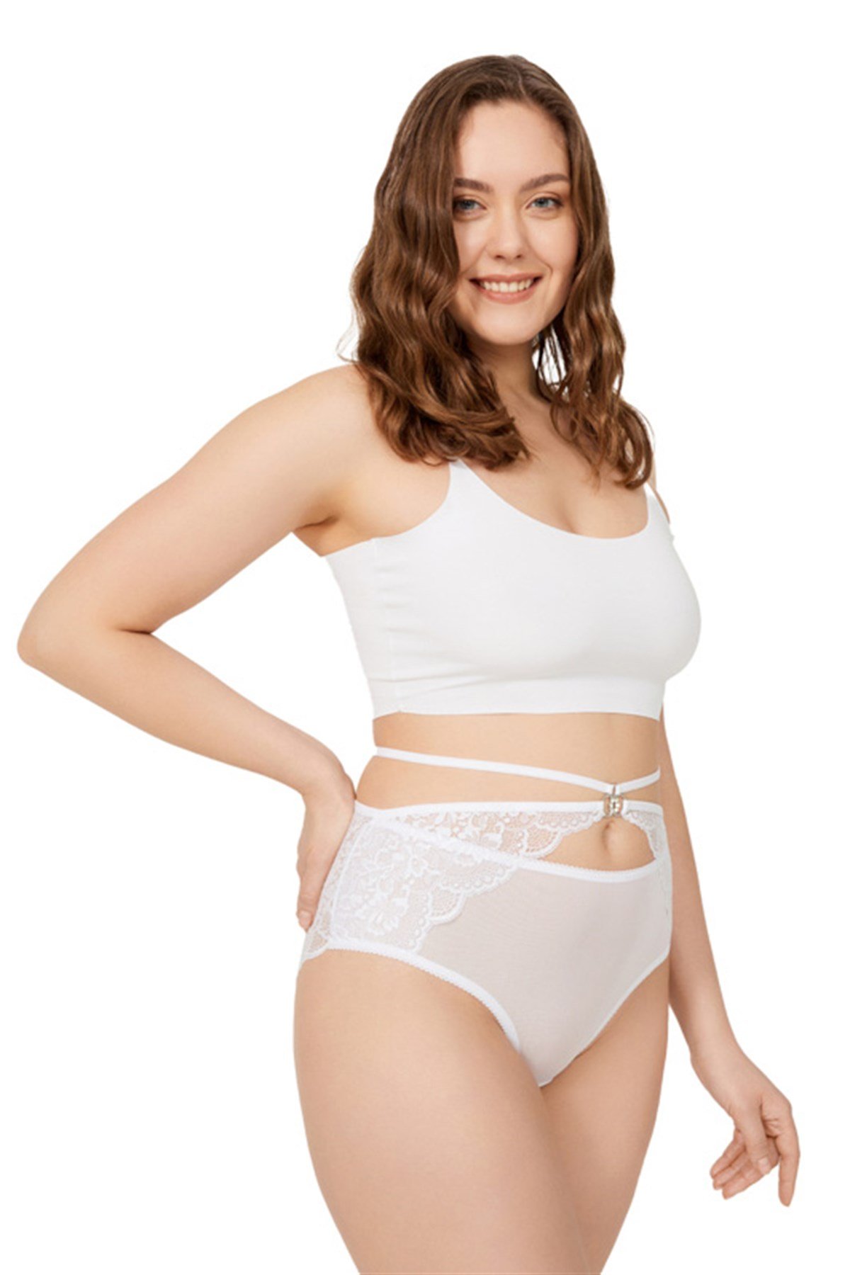 Beyaz Önü Tül Arkası Dantelli Büyük Beden Bikini Külot