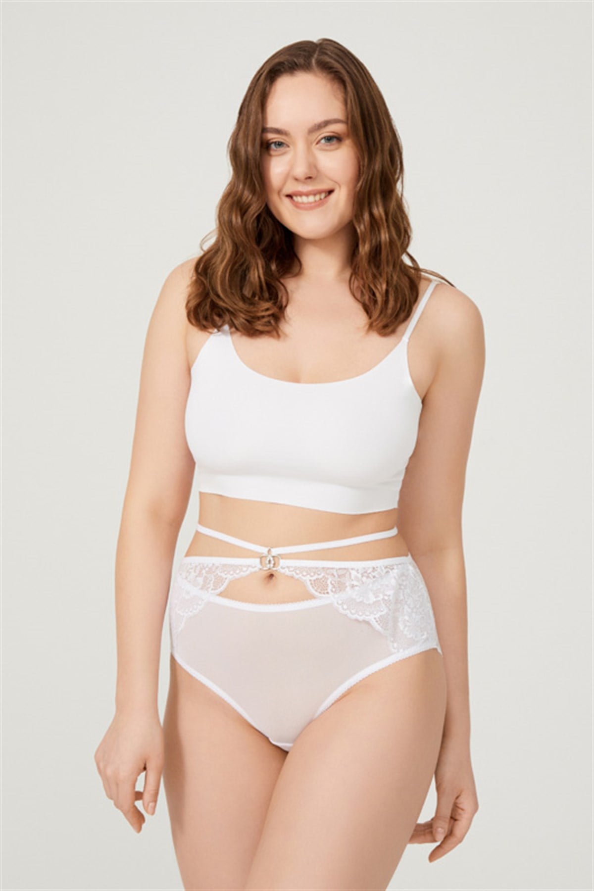 Beyaz Önü Tül Arkası Dantelli Büyük Beden Bikini Külot