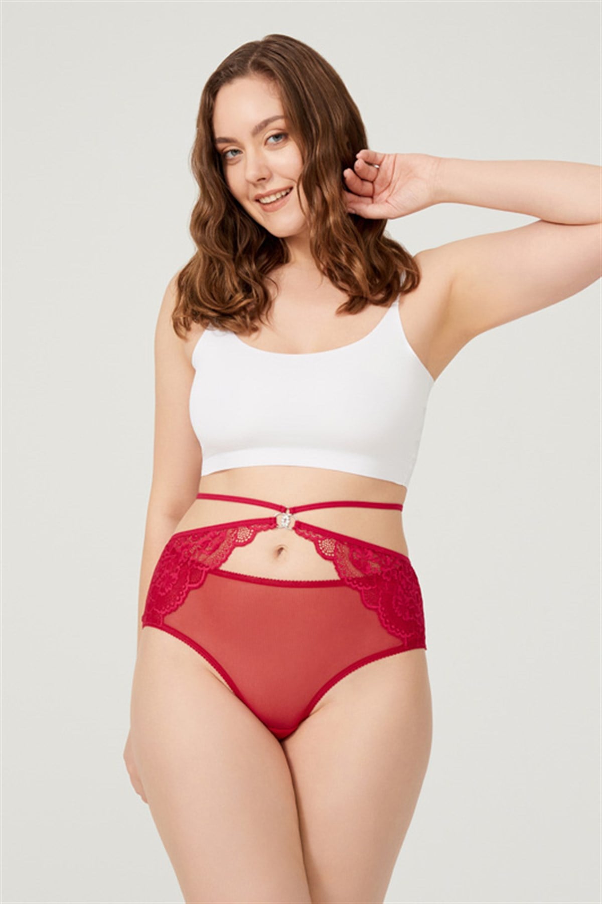 Bordo Önü Tül Arkası Dantelli Büyük Beden Bikini Külot