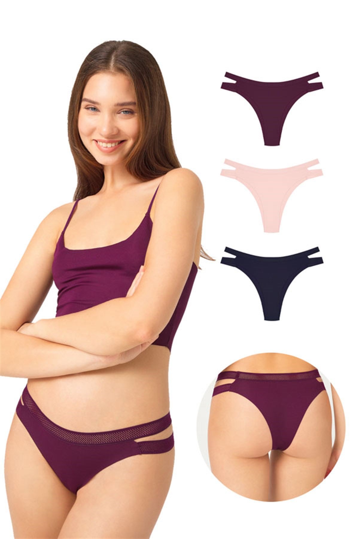 Çift File Lastikli Lazer Kesim Brezilya Külot 3'lü Paket