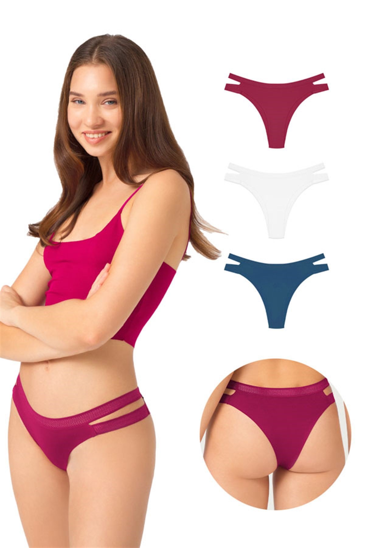 Çift File Lastikli Lazer Kesim Brezilya Külot 3'lü Paket - 2