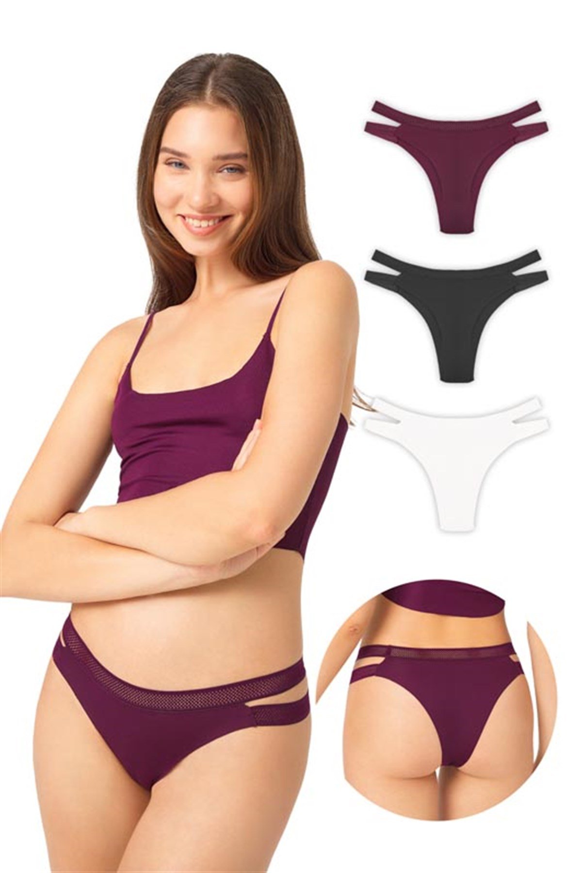 3'lü Paket Mor Lazer Kesim Çift File Lastikli Brazillian Külot