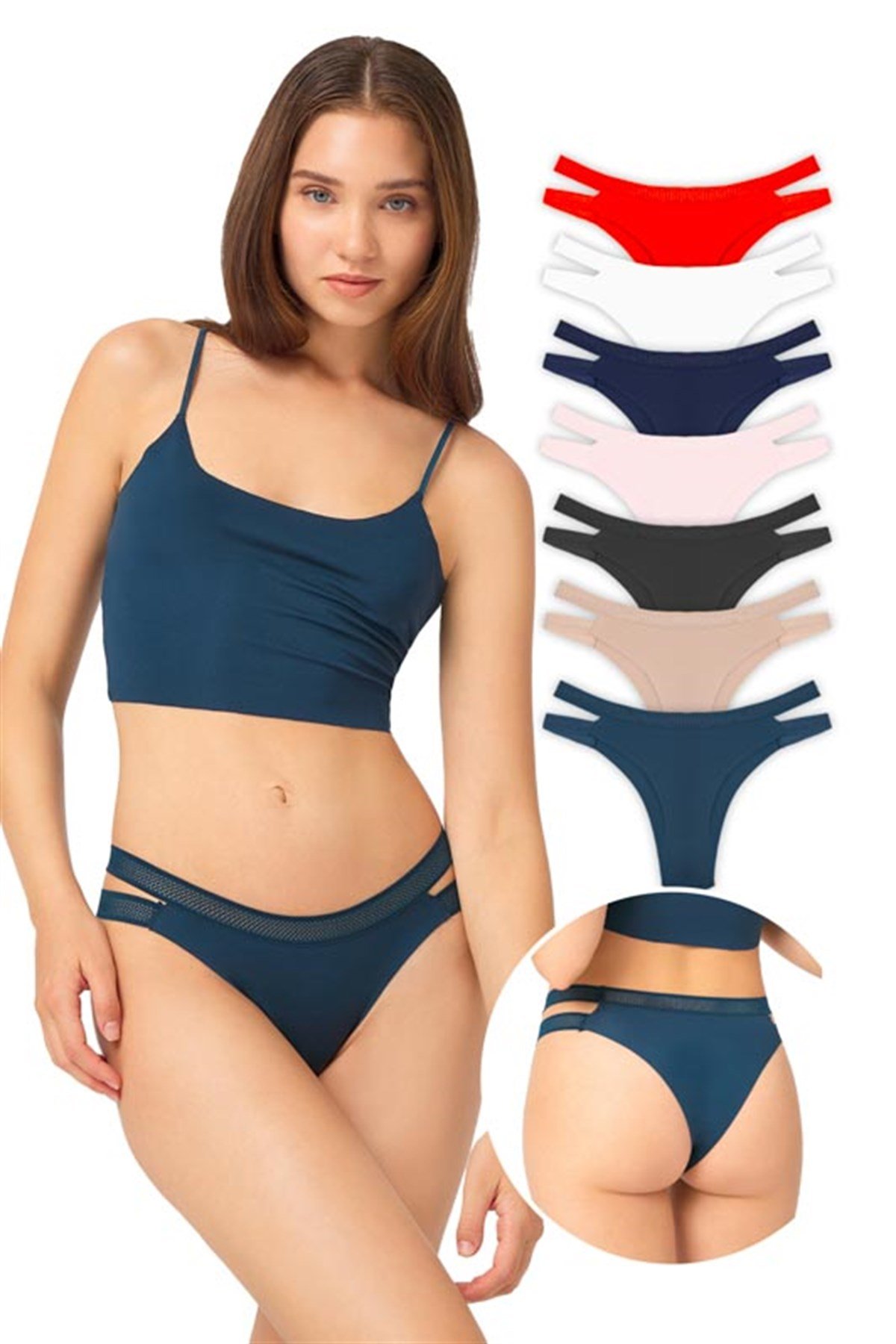 Çift File Lastikli Lazer Kesim lacivert Brezilya Külot 7'li Paket