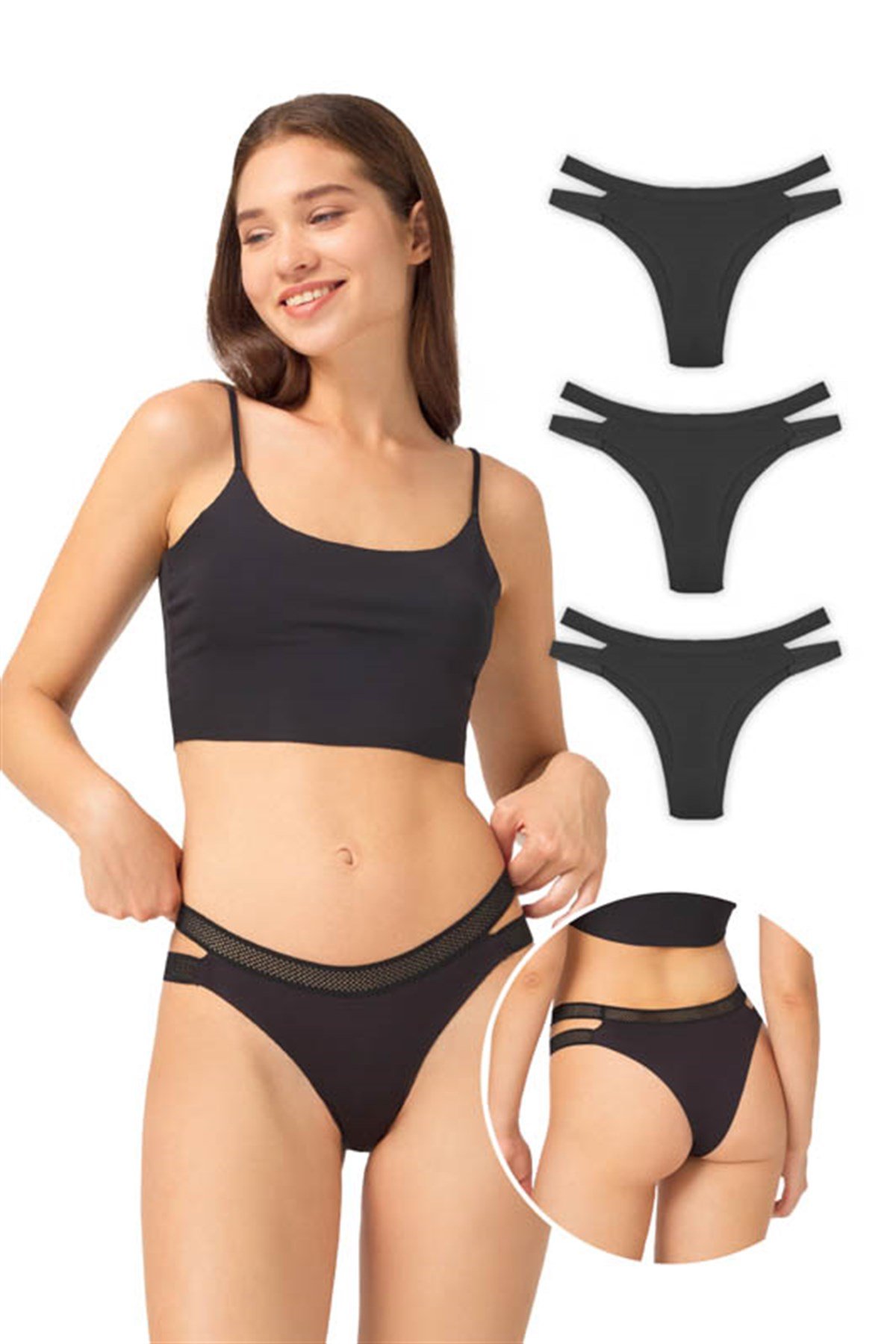 3'lü Paket Lazer Kesim Çift File Lastikli Siyah Brazillian Külot