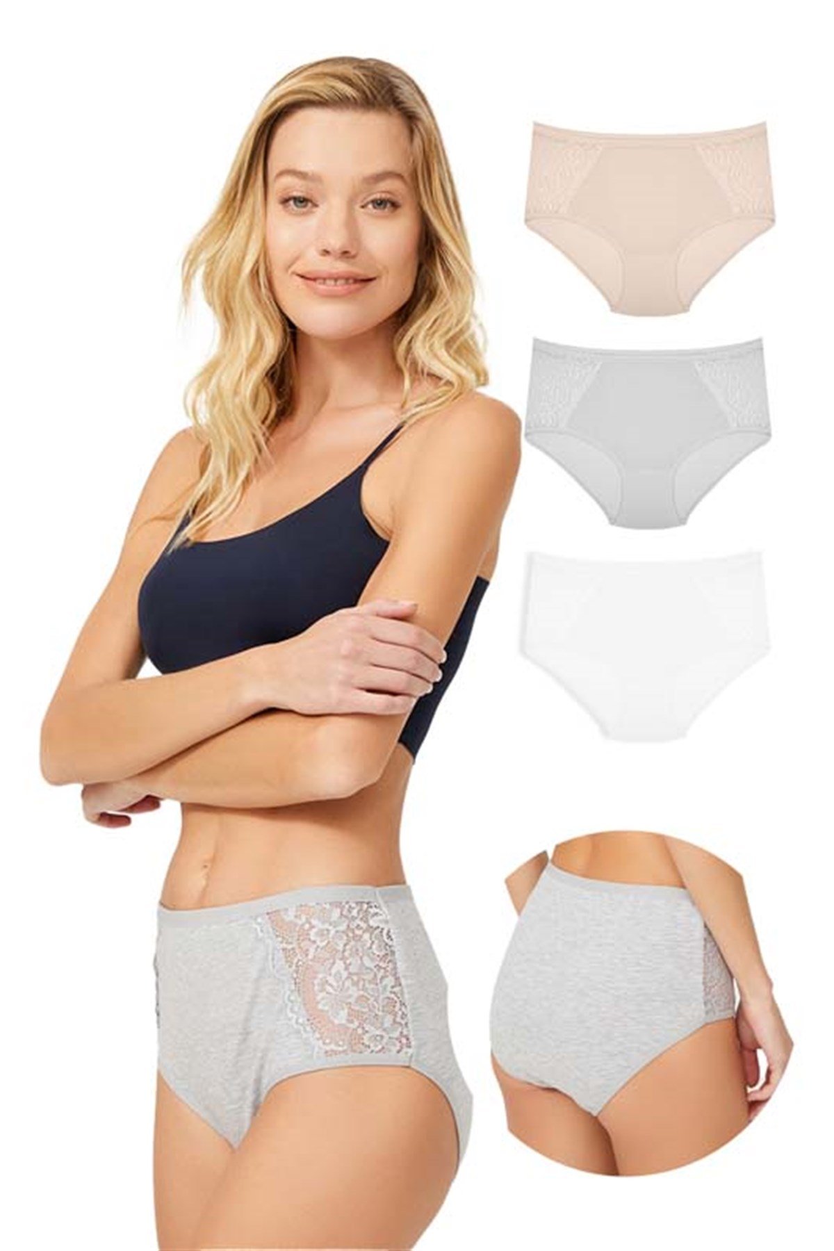 Dantel Detaylı Klasik Pamuklu Bato Külot 3'lü Paket - 3