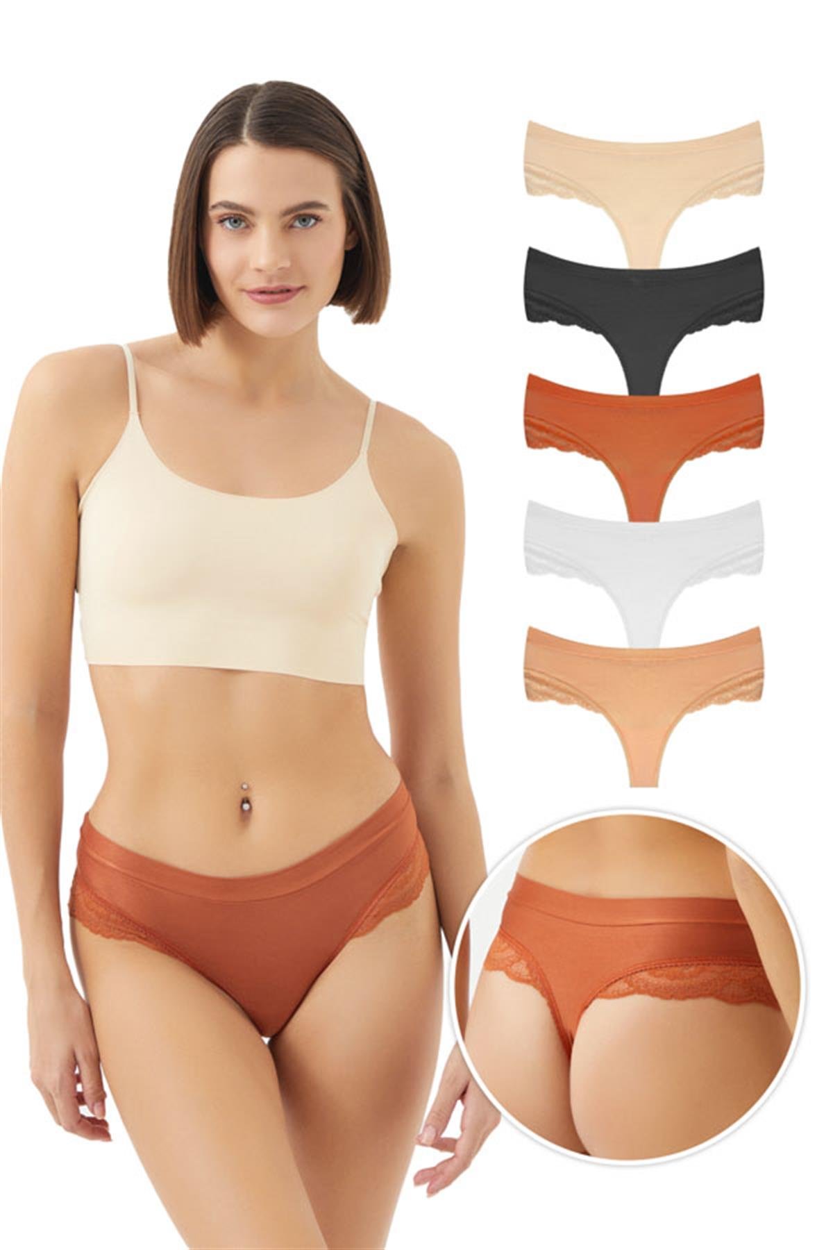 Dantel Detaylı Mikro Saten Kadın Tanga Külot 5'li Paket