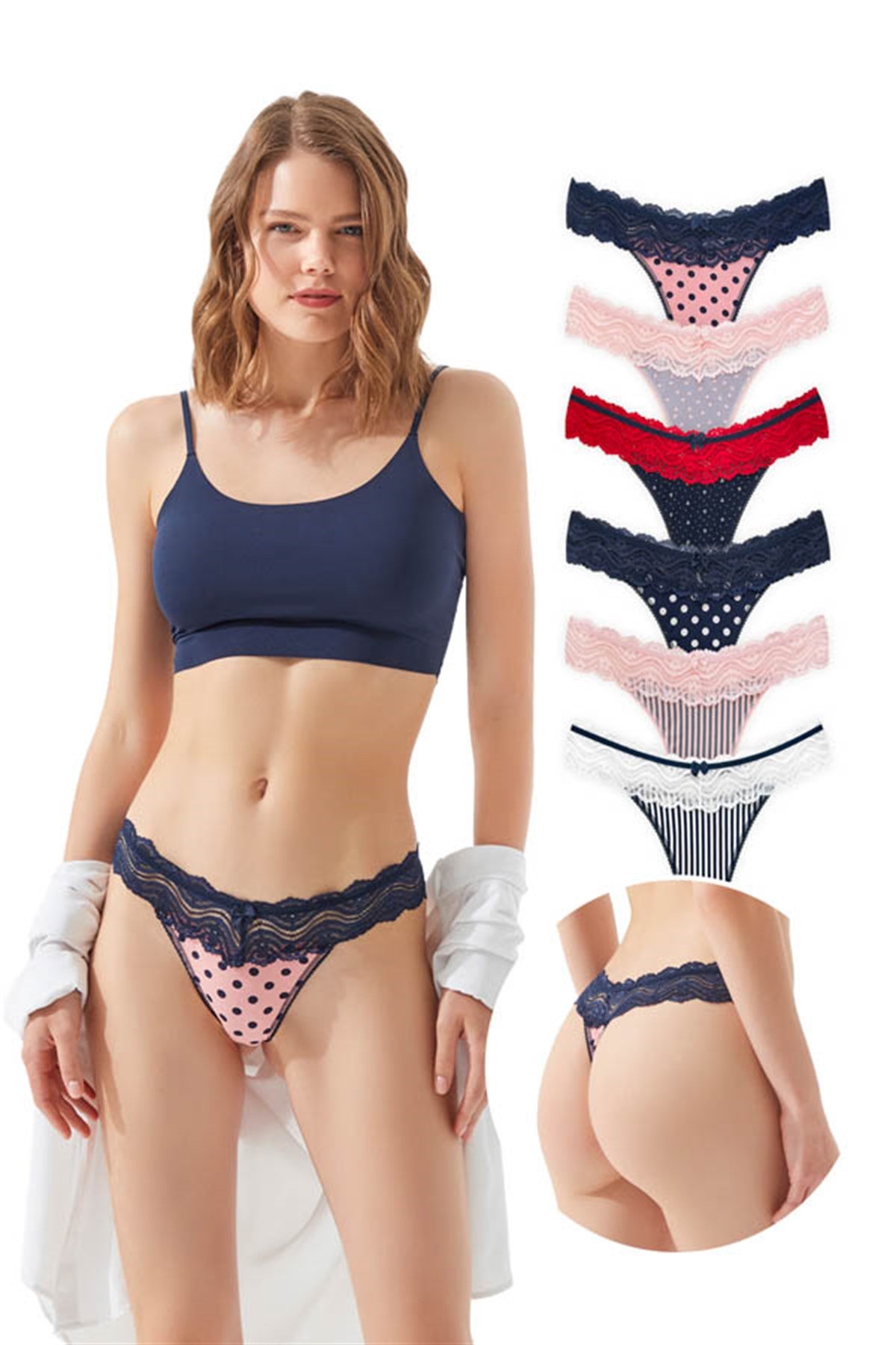 Lacivert Dantel Detaylı Pamuklu 6'lı Paket Kadın Tanga Külot