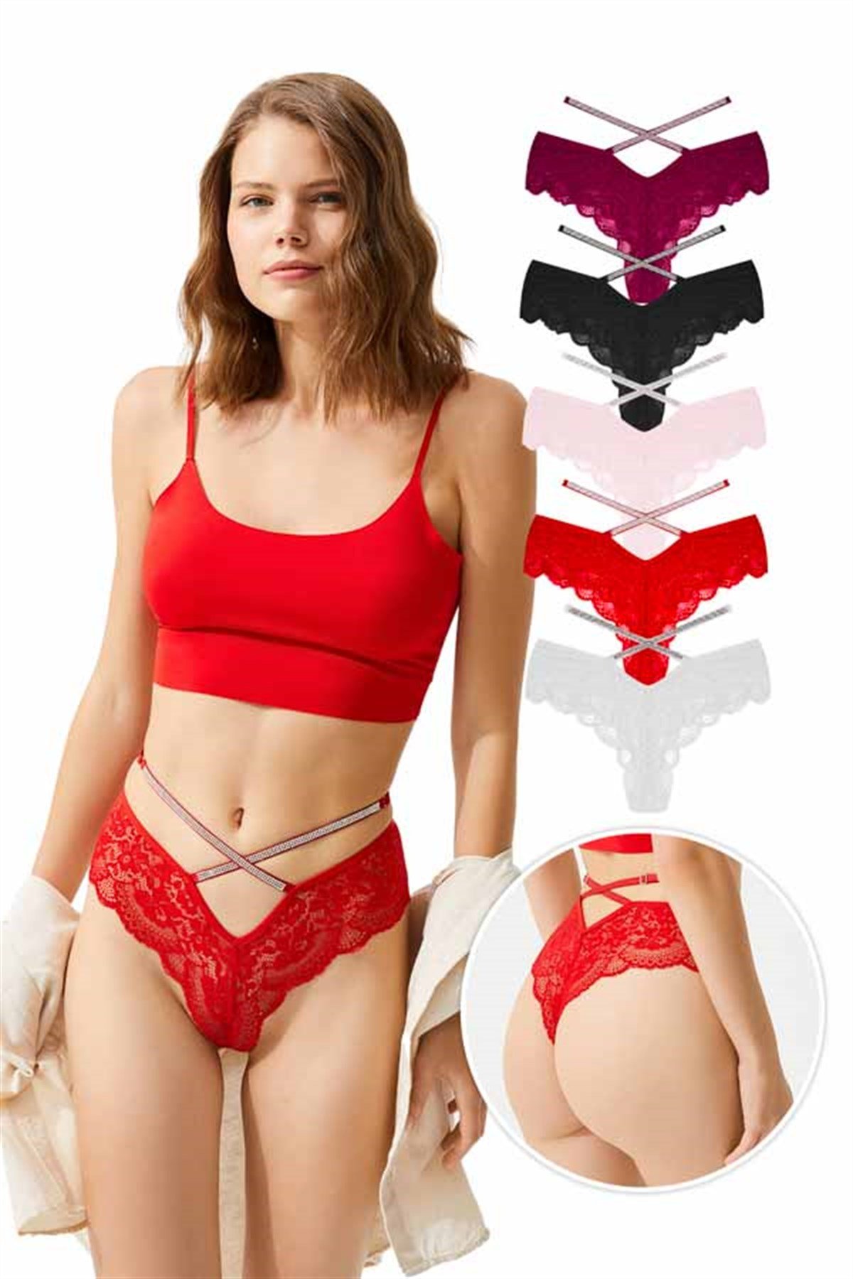 Dantelli Ayarlanabilir Lastikli Taşlı Brezilya Külot 5'li Paket