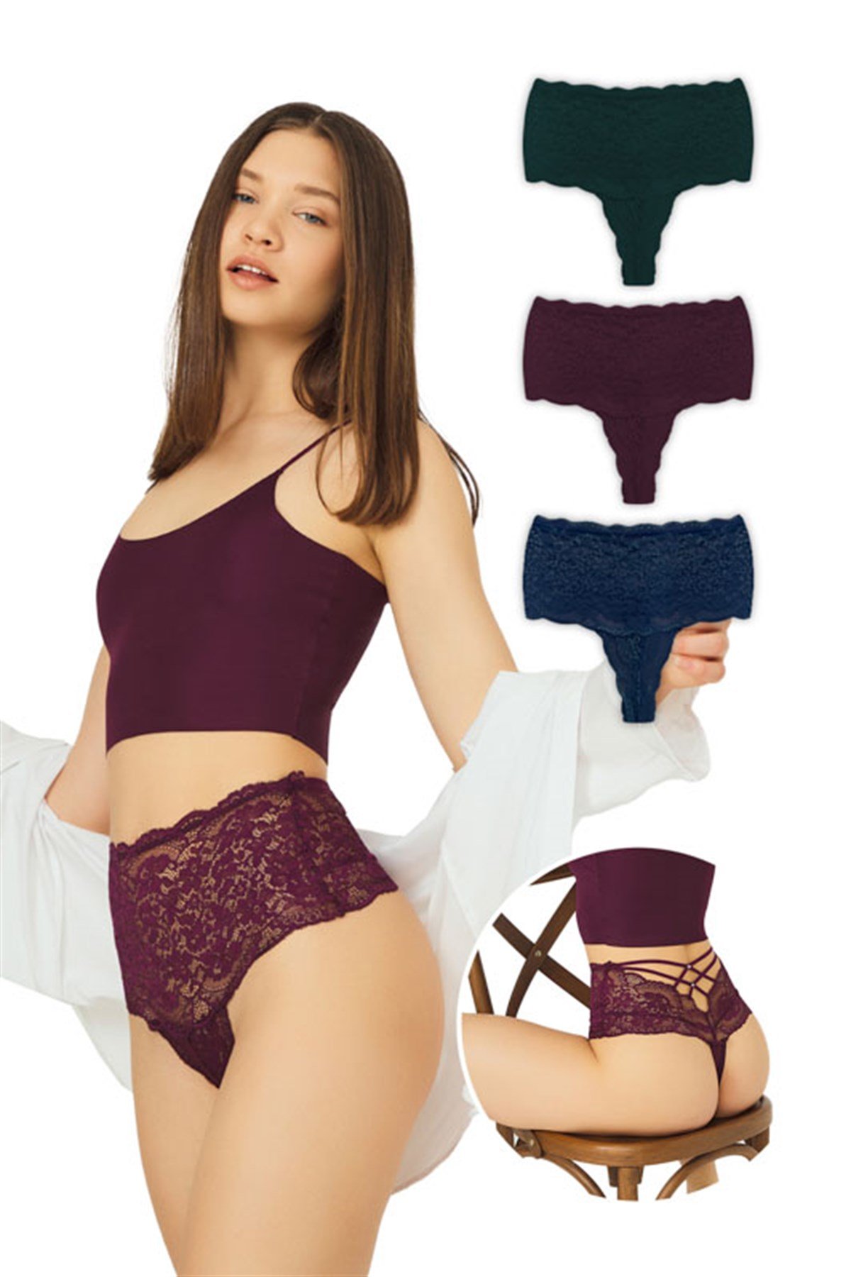 Dantelli Lastik Detaylı Yüksek Bel Kadın Tanga 3'lü Paket Külot - 2