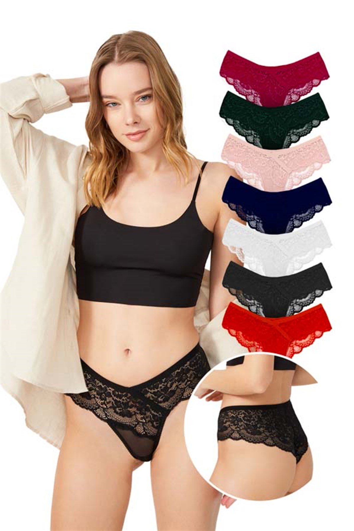 7'li Paket Dantelli Transparan Kadın Brazilian Külot