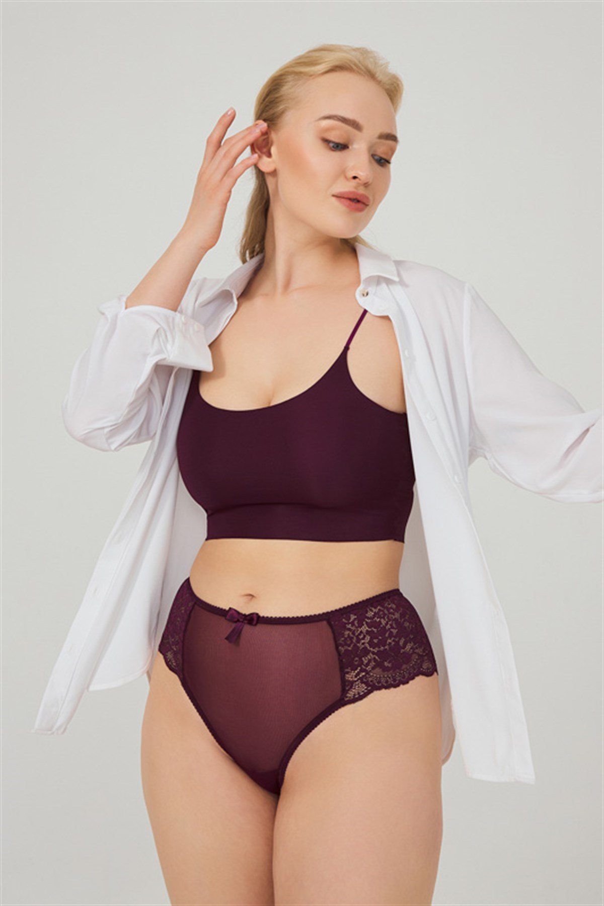 Dantelli Tül Detaylı Büyük Beden Kadın Brezilya 3'lü Paket Külot