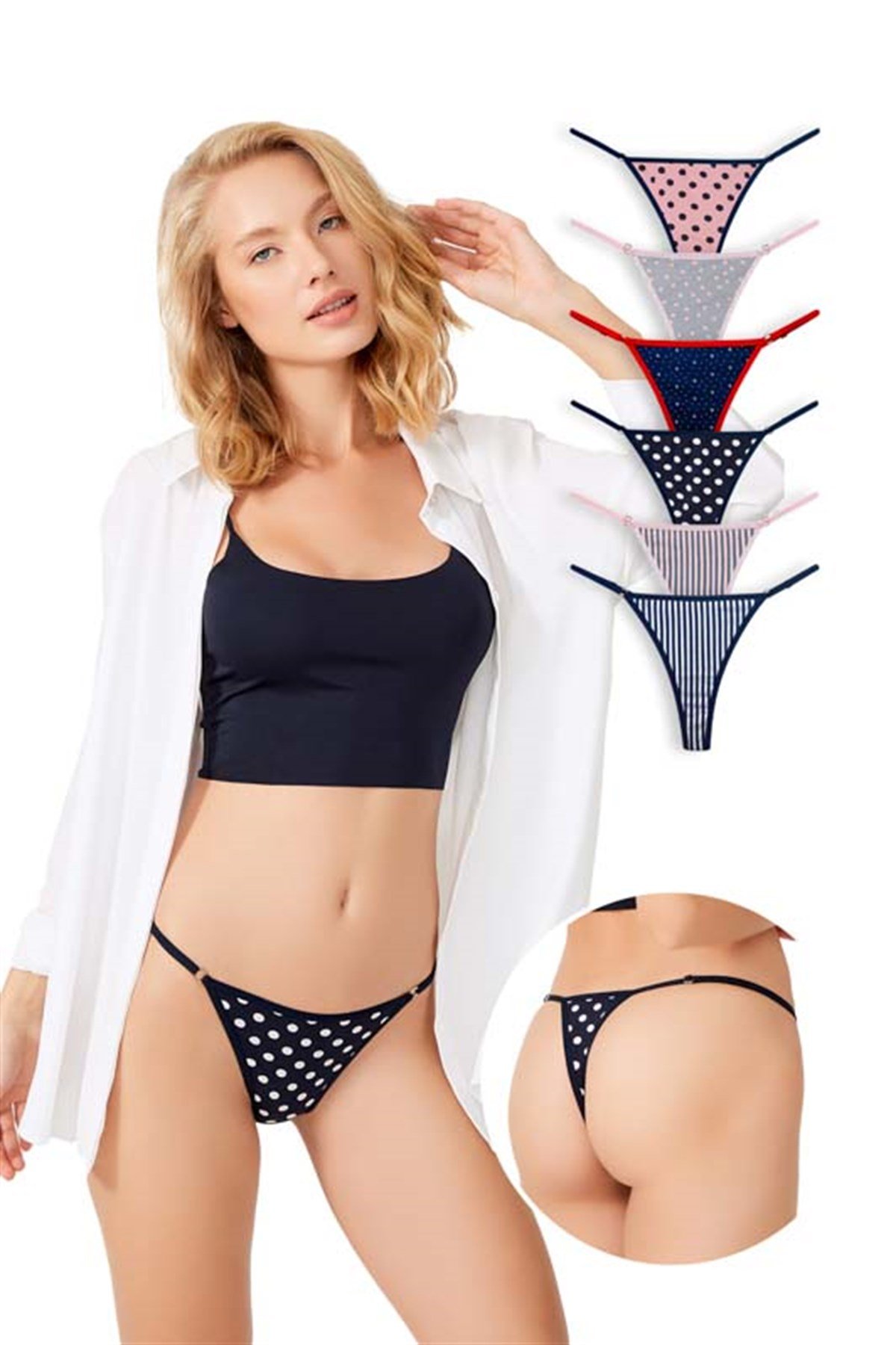 Desenli Basic Pamuklu Beli Ayarlanır Tanga Külot 6'lı Paket - 2