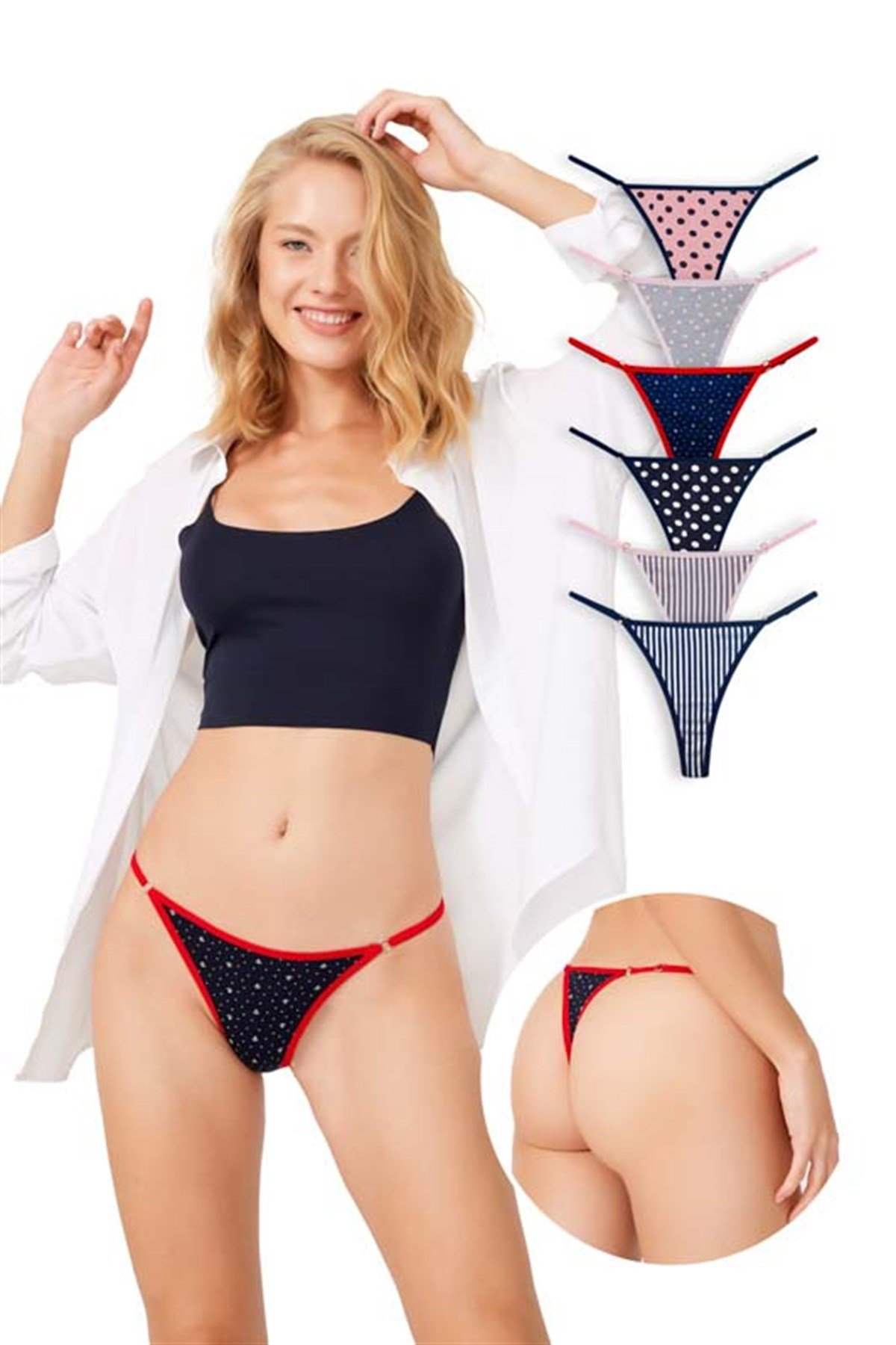 Desenli Basic Pamuklu Beli Ayarlanır Tanga Külot 6'lı Paket - 3