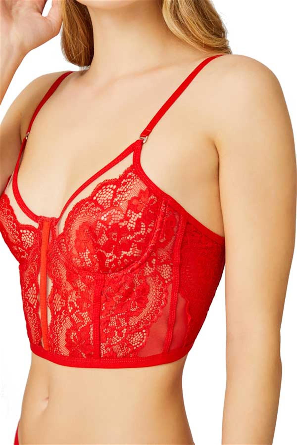 Kırmızı Ayarlanabilir Lastikli Balenli Transparan Dantelli Bralet