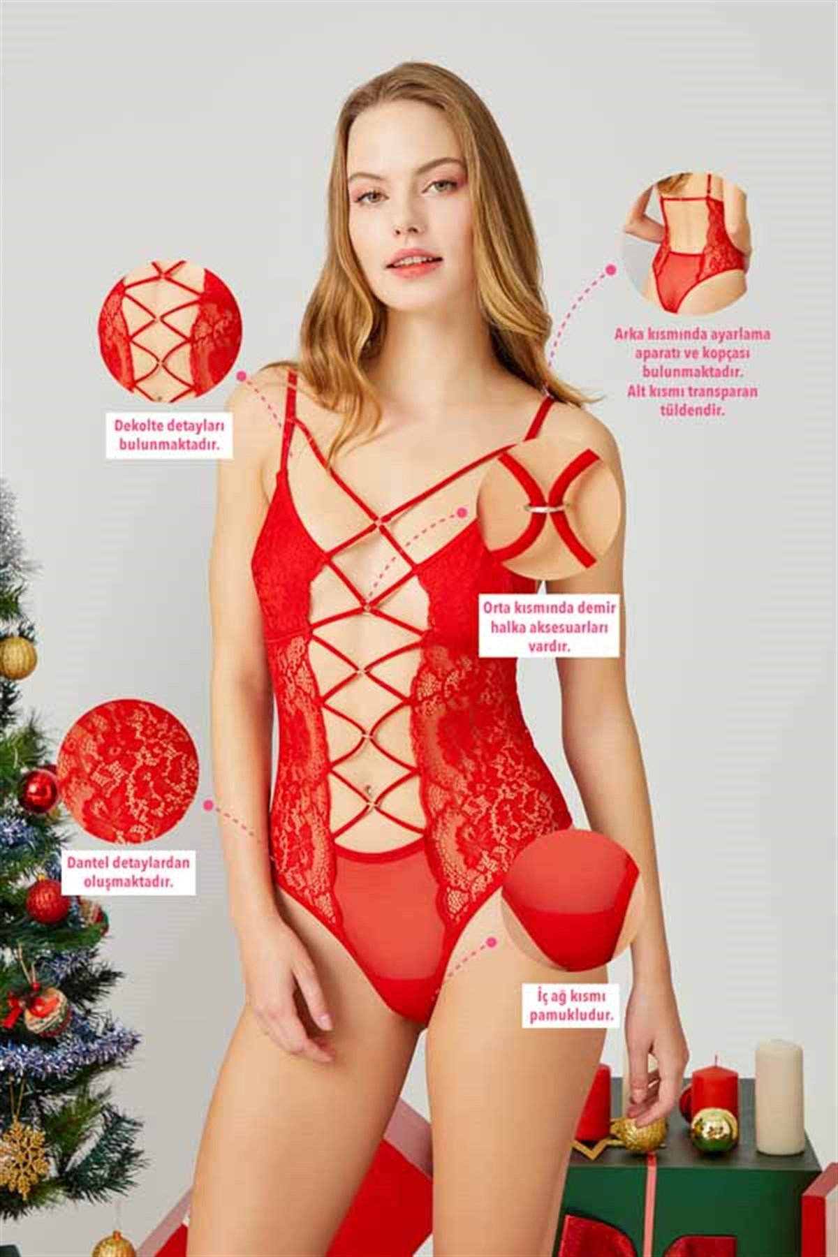 Kırmızı İp Detaylı Ayarlanabilir Lastikli Dantelli Kadın Bodysuit