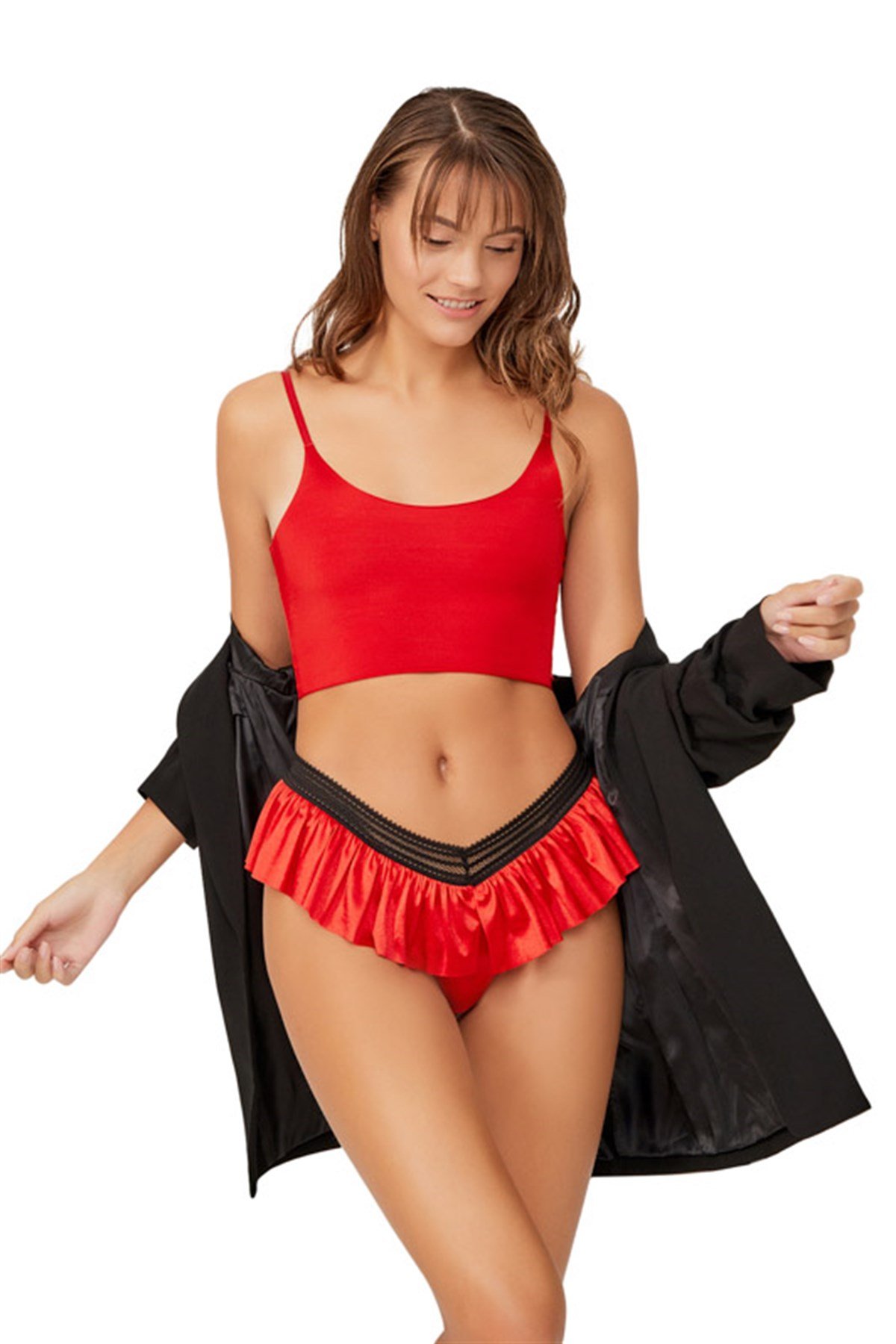 Kırmızı Saten Fırfırlı Lastik Detaylı Kadın String Külot