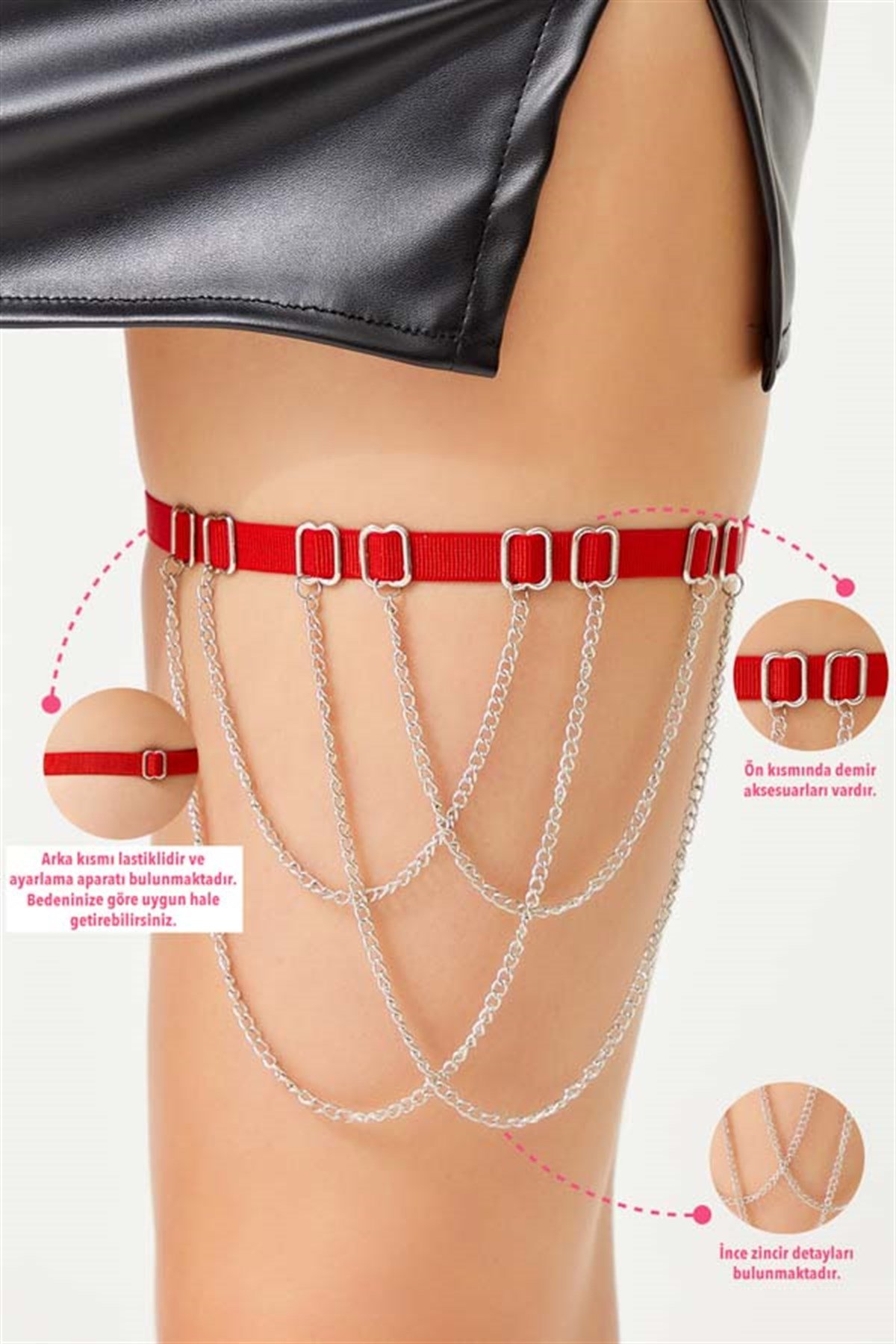 Kırmızı Zincir Detaylı Ayarlanabilir Kadın Bacak Aksesuarı
