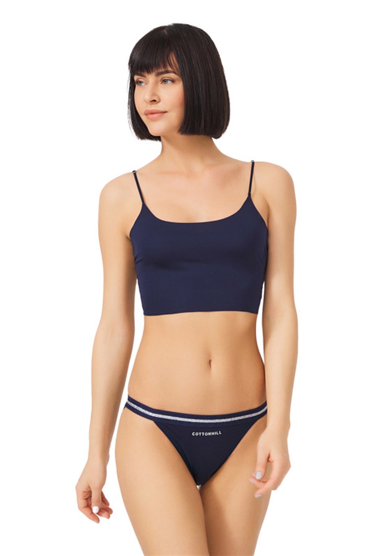 Lacivert Basic Simli Şerit Lastikli Pamuk Kadın Bikini Külot