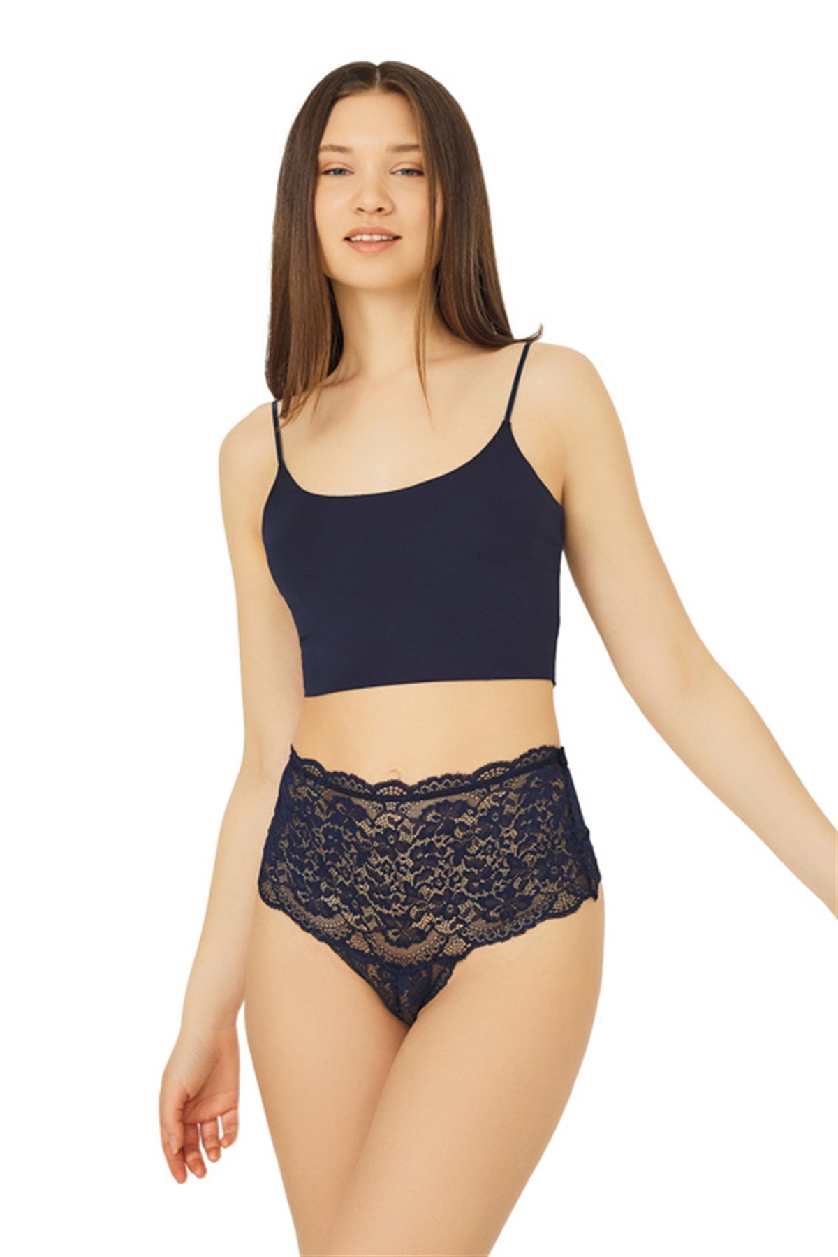 Lacivert Dantelli Lastik Detaylı Yüksek Bel Kadın Tanga Külot