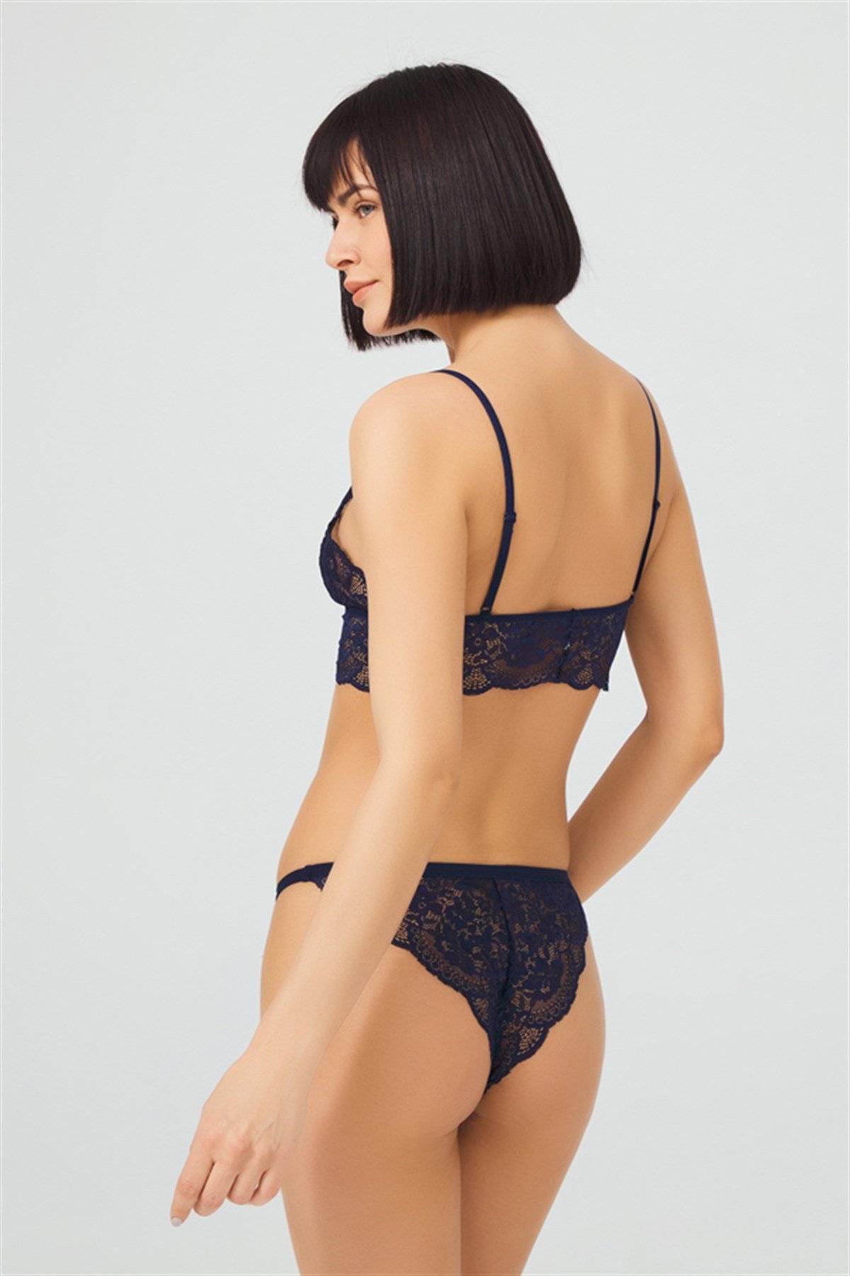 Lacivert Dantelli Transparan Balensiz Kadın Sütyen Takımı