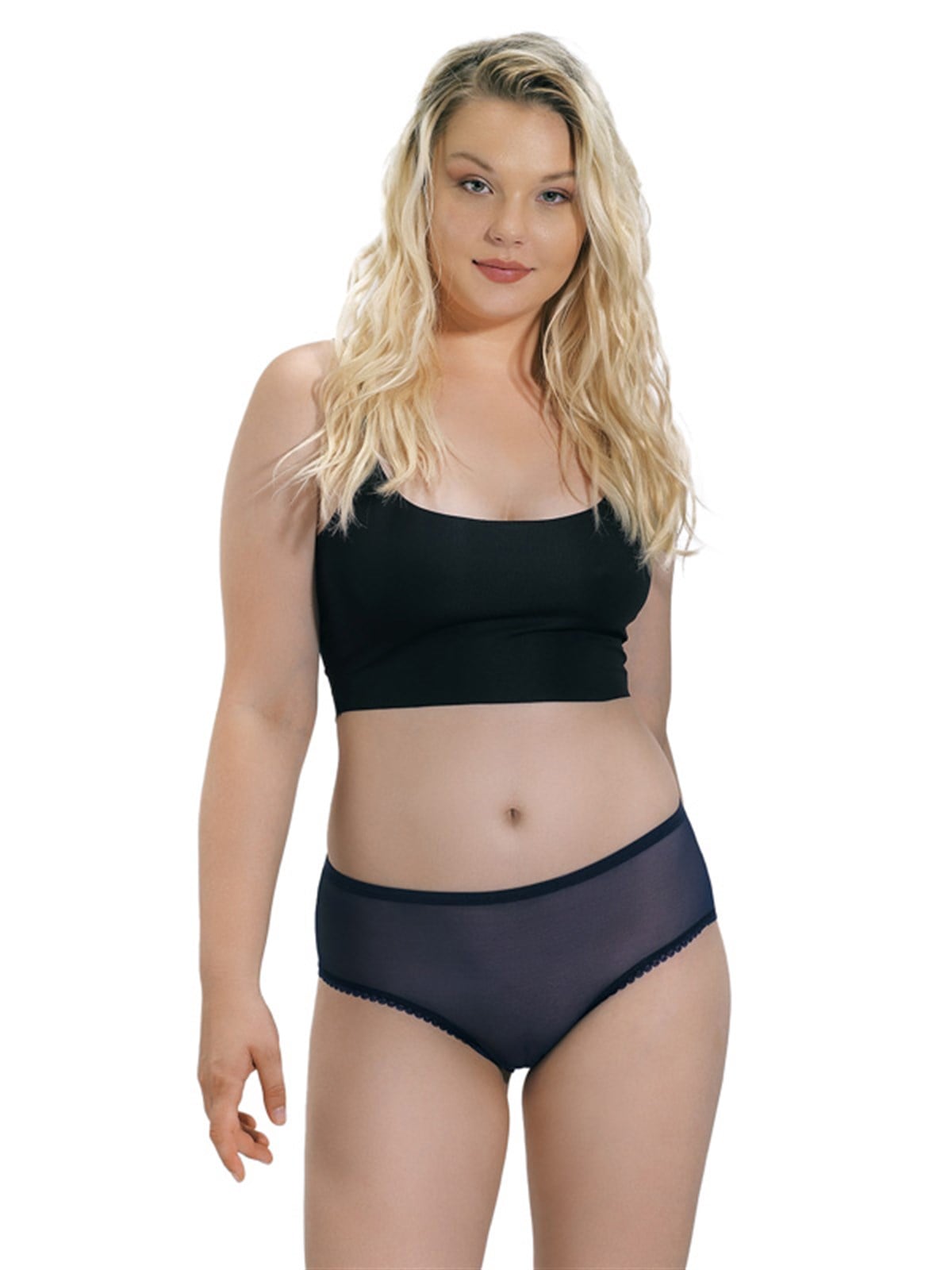 Lacivert Transparan Dantelli İpli Büyük Beden Kadın Bikini Külot