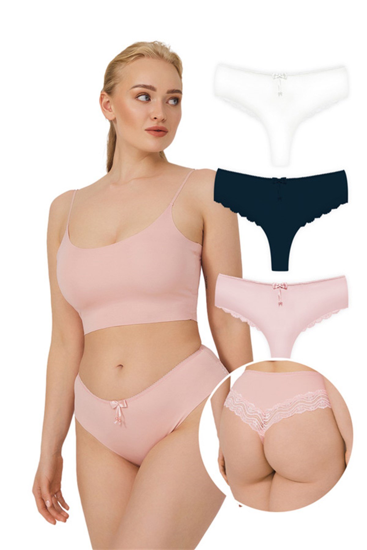 Lazer Kesim Dantel Detaylı Büyük Beden Tanga 3'lü Paket Külot - 3
