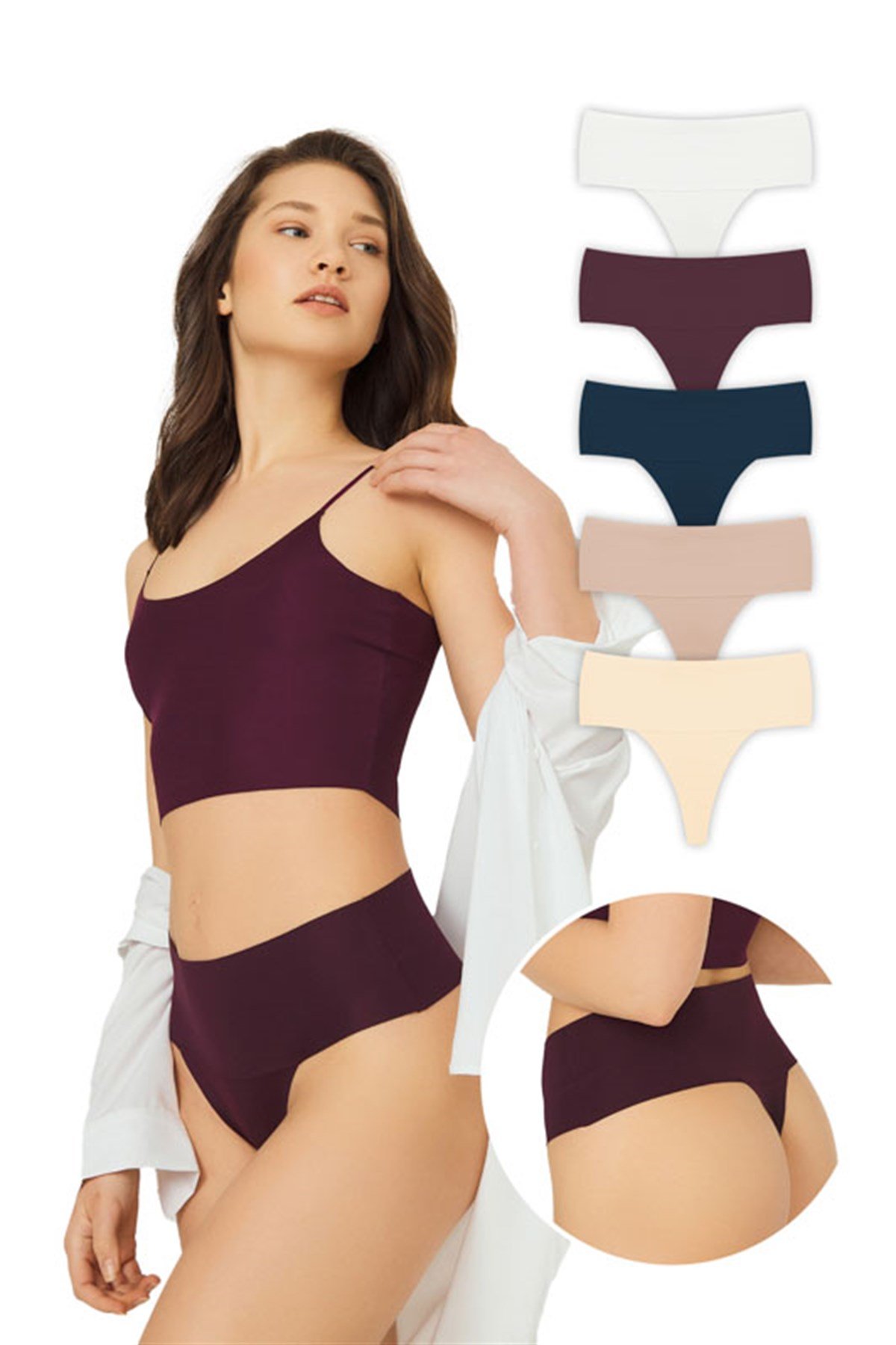 Lazer Kesim Esnek İz Yapmayan Yüksek Bel Tanga 5'li Paket Külot - 2
