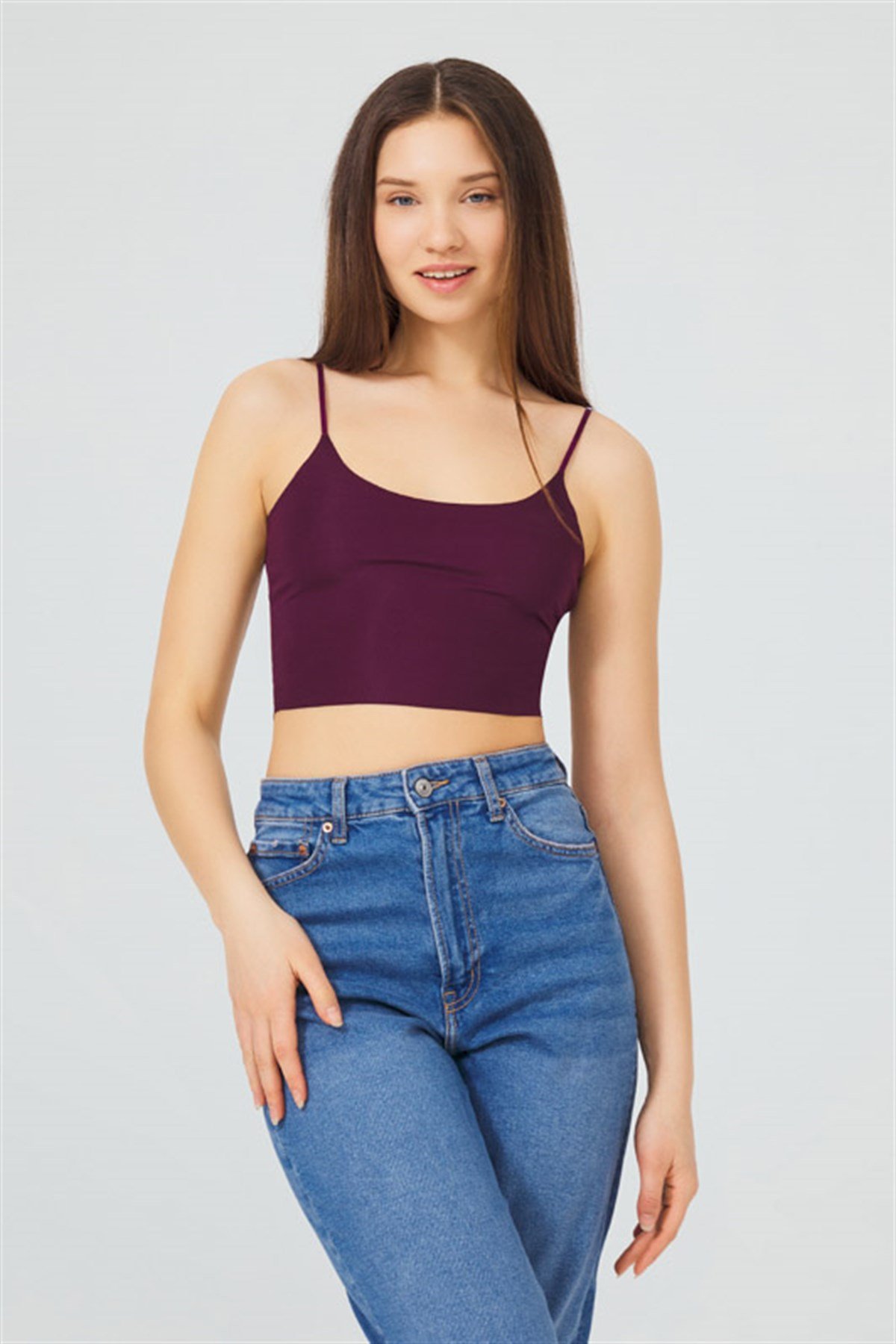 Mürdüm Ayarlanabilir İnce Askılı Lazer Kesim Kadın Crop Büstiyer