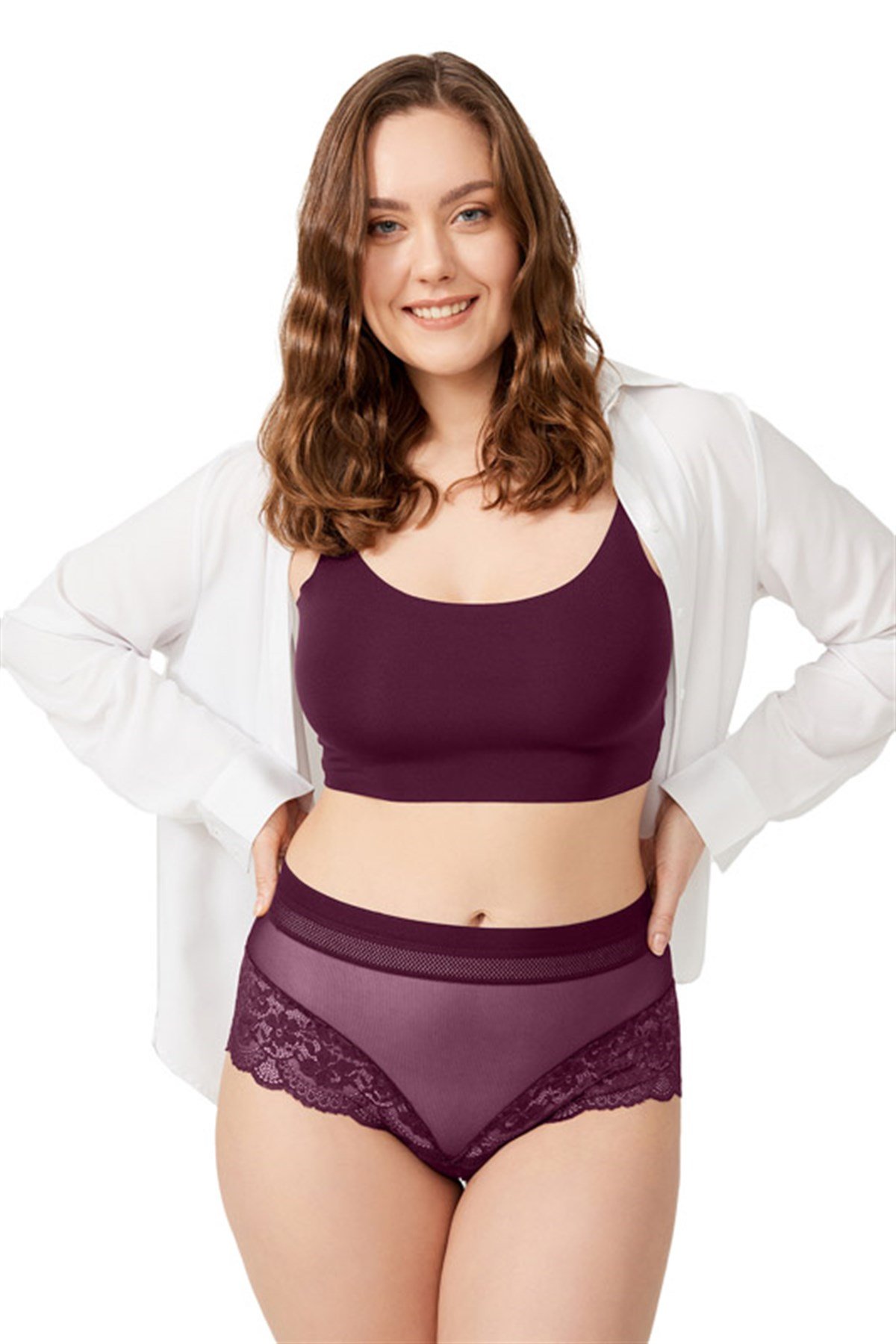 Mürdüm Dantel Detaylı Transparan Büyük Beden Bikini Külot