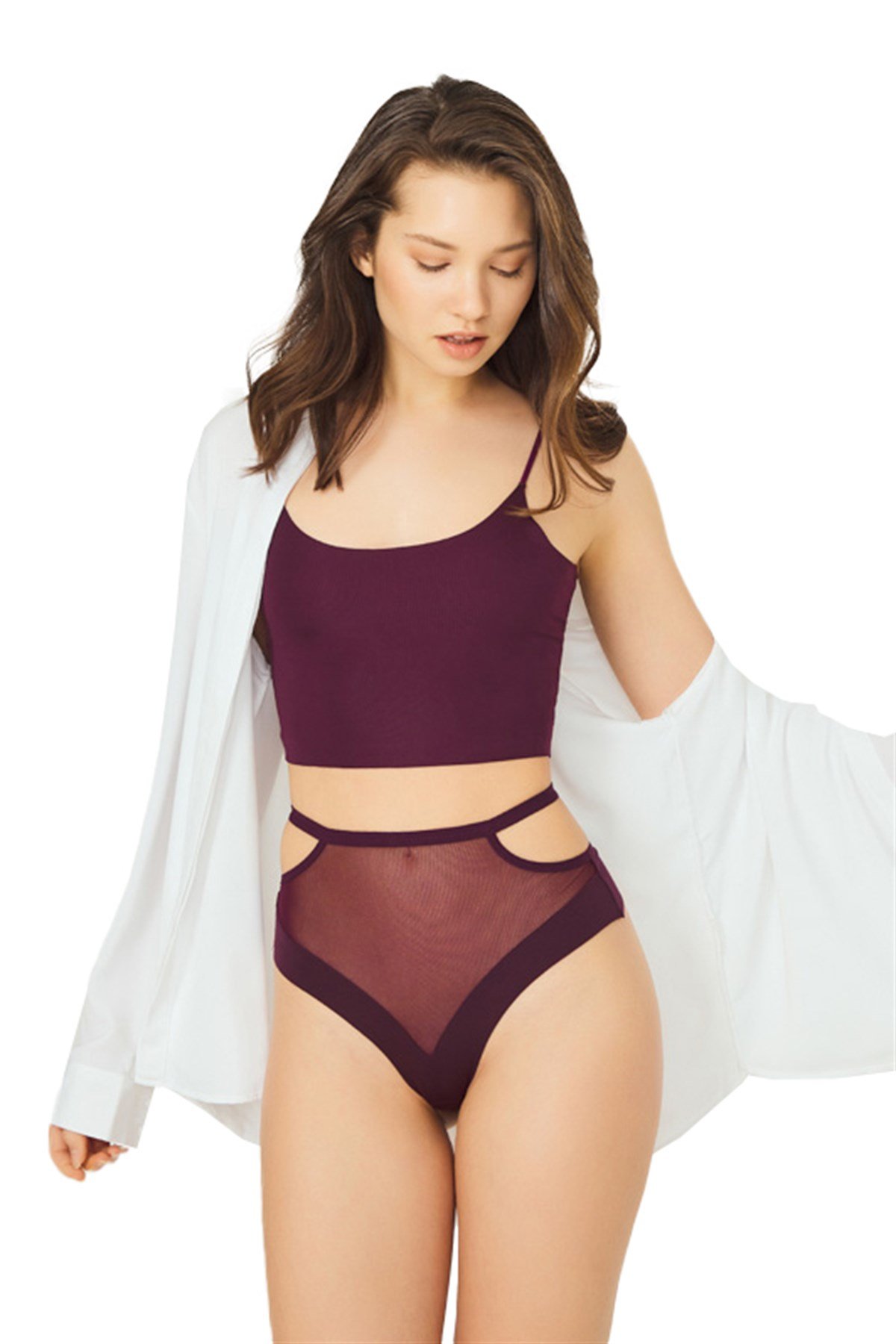 Mürdüm Lazer Kesim Tül Detaylı Kadın Tanga Külot