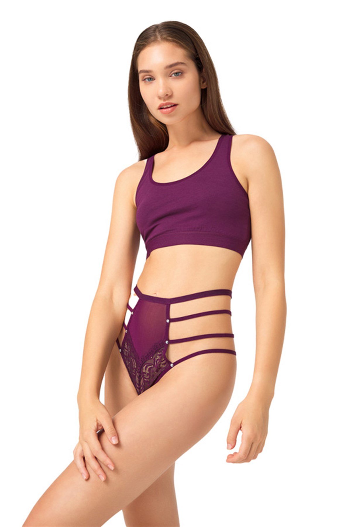 Mürdüm Transparan Lastik Detaylı Fiyonklu Kadın String Külot