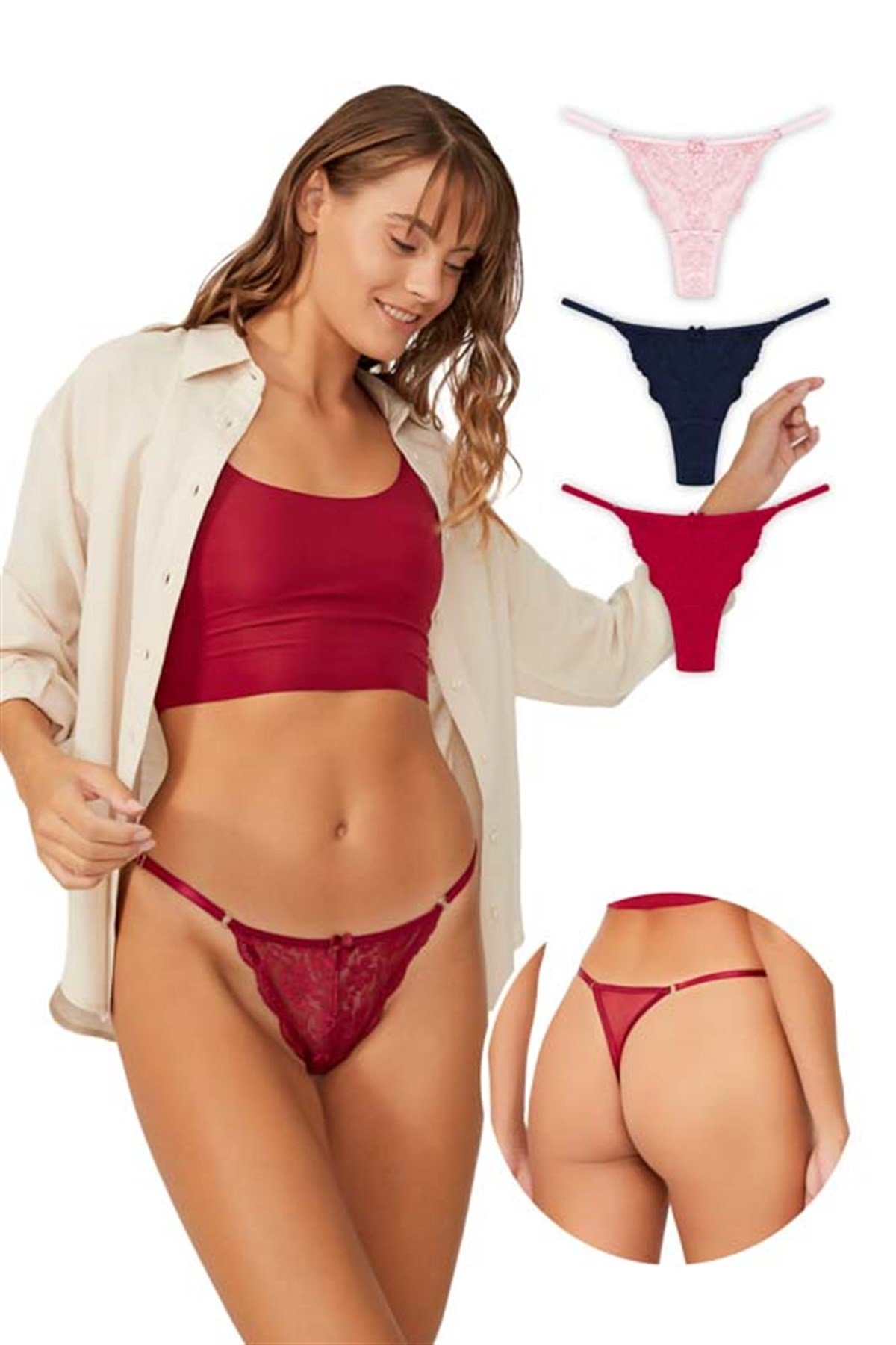 Önü Dantelli Tül Detaylı Kadın Tanga 3'lü Paket Külot