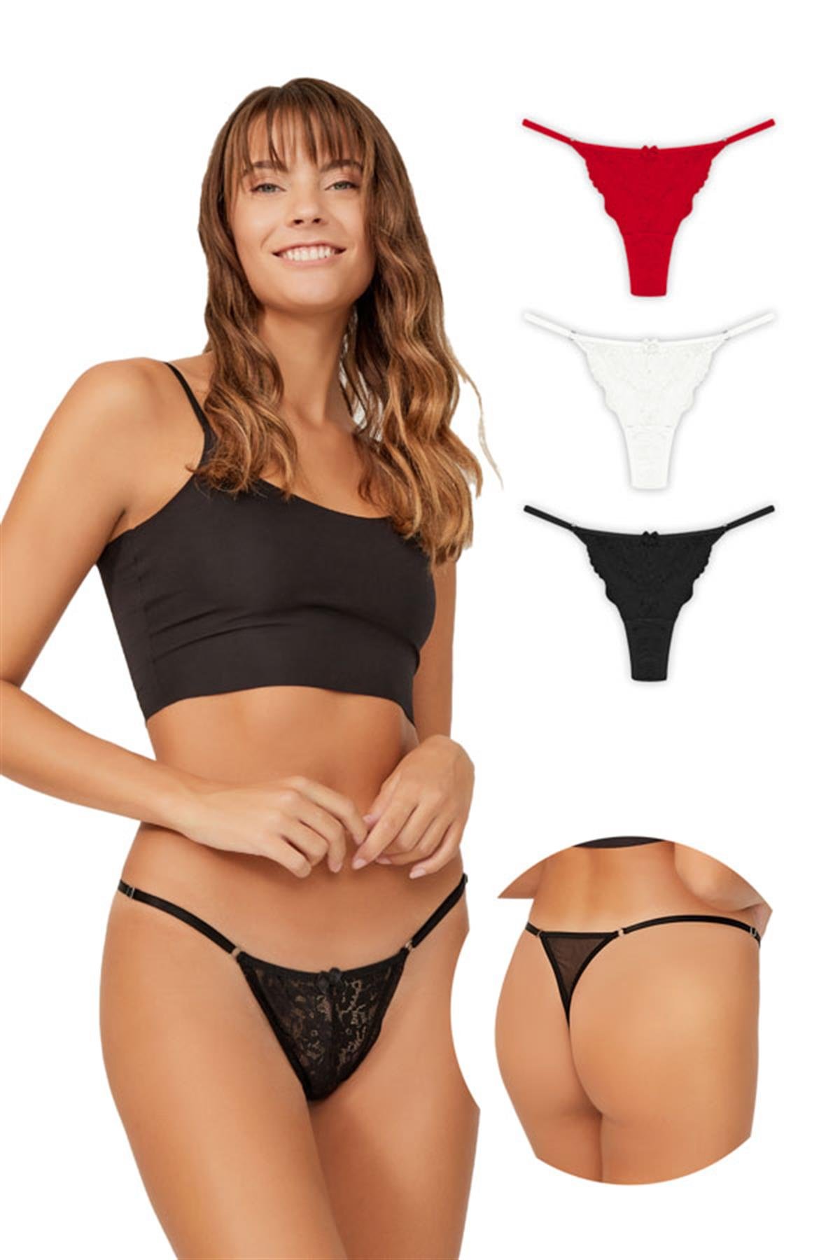 Önü Dantelli Tül Detaylı Kadın Tanga 3'lü Paket Külot - 2