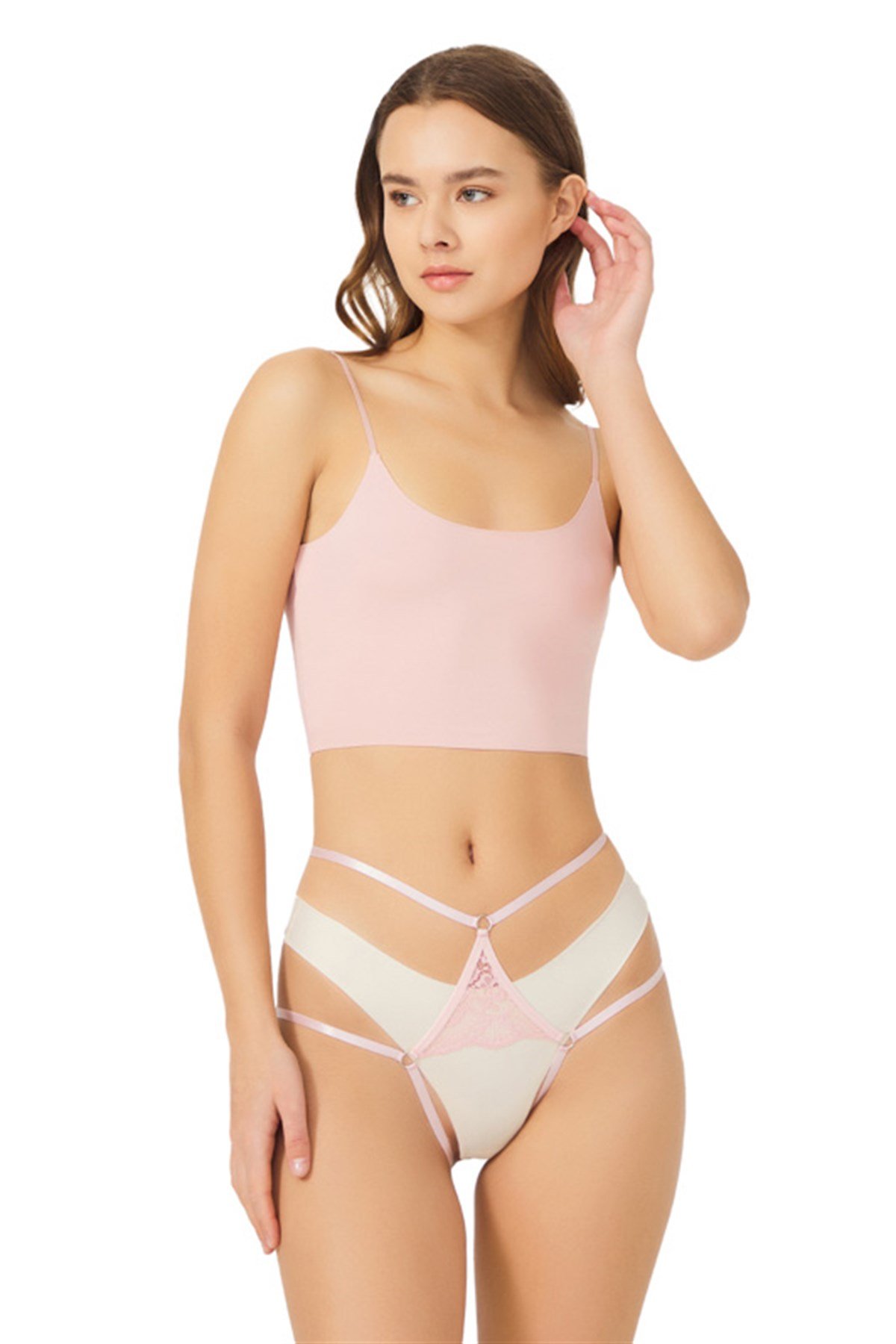 Pudra Dantel ve Halka Detaylı Özel Bölgesi Açık Bikini Külot