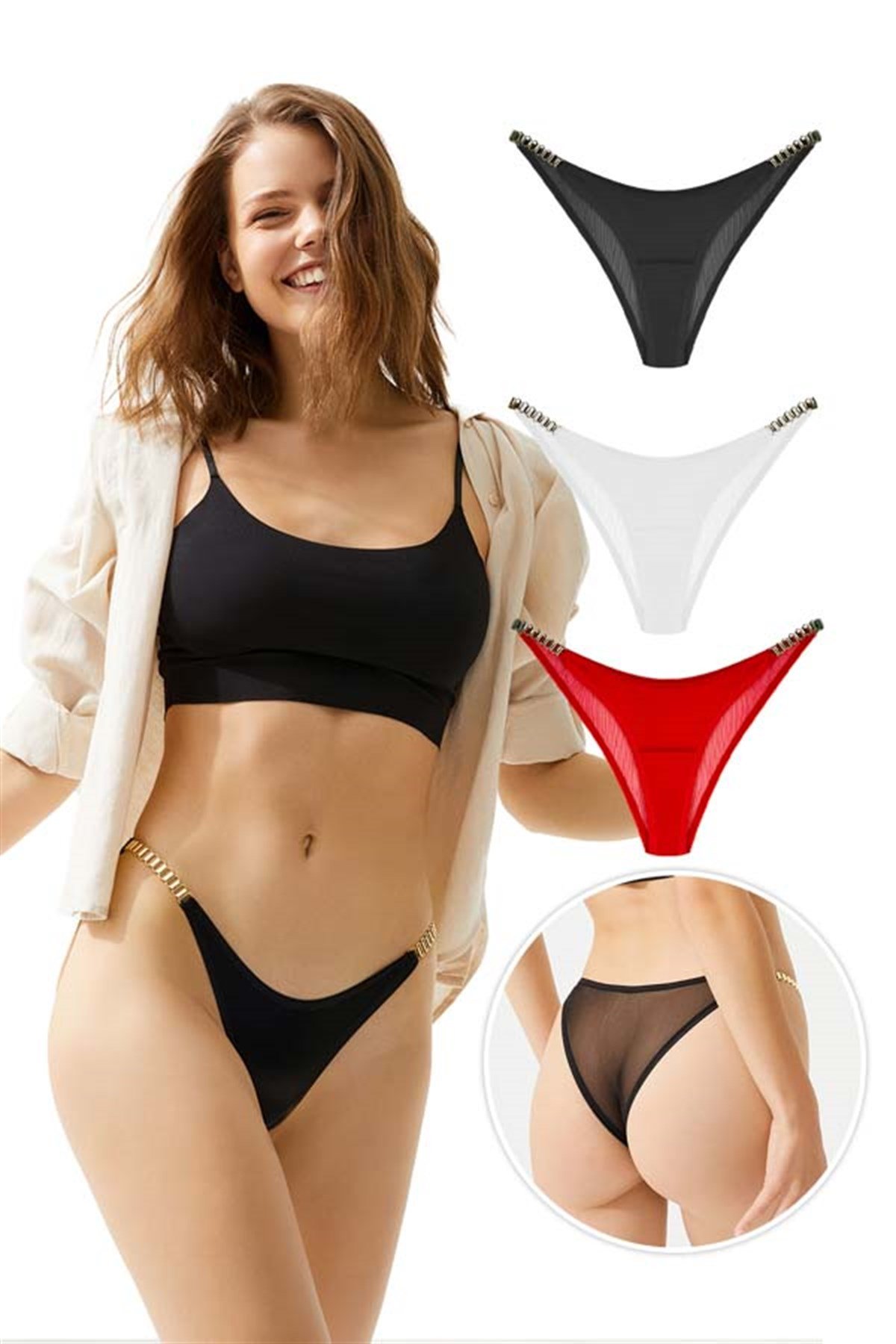 Saten Tüllü ve Zincir Detaylı Kadın Brezilya Külot 3'lü Paket