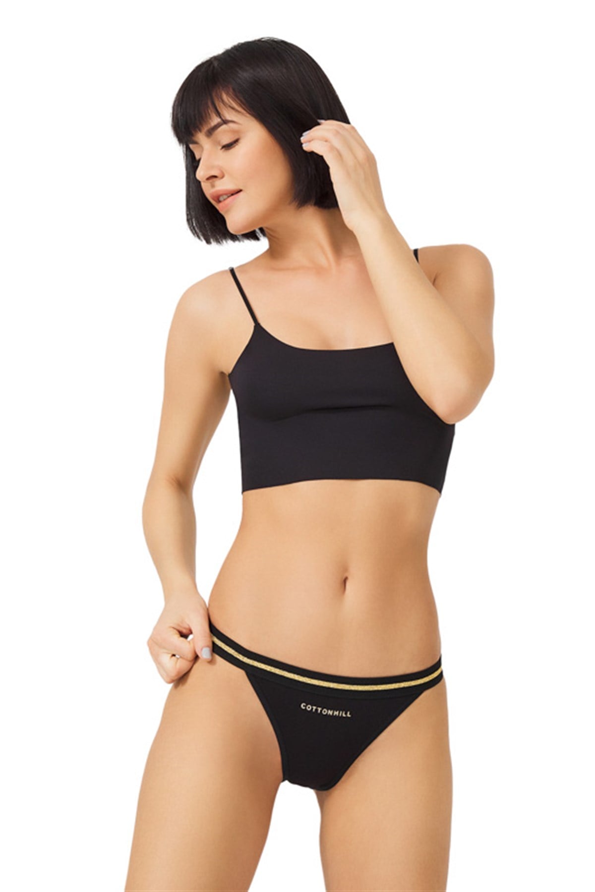 Siyah Basic Simli Şerit Lastikli Pamuk Kadın Bikini Külot