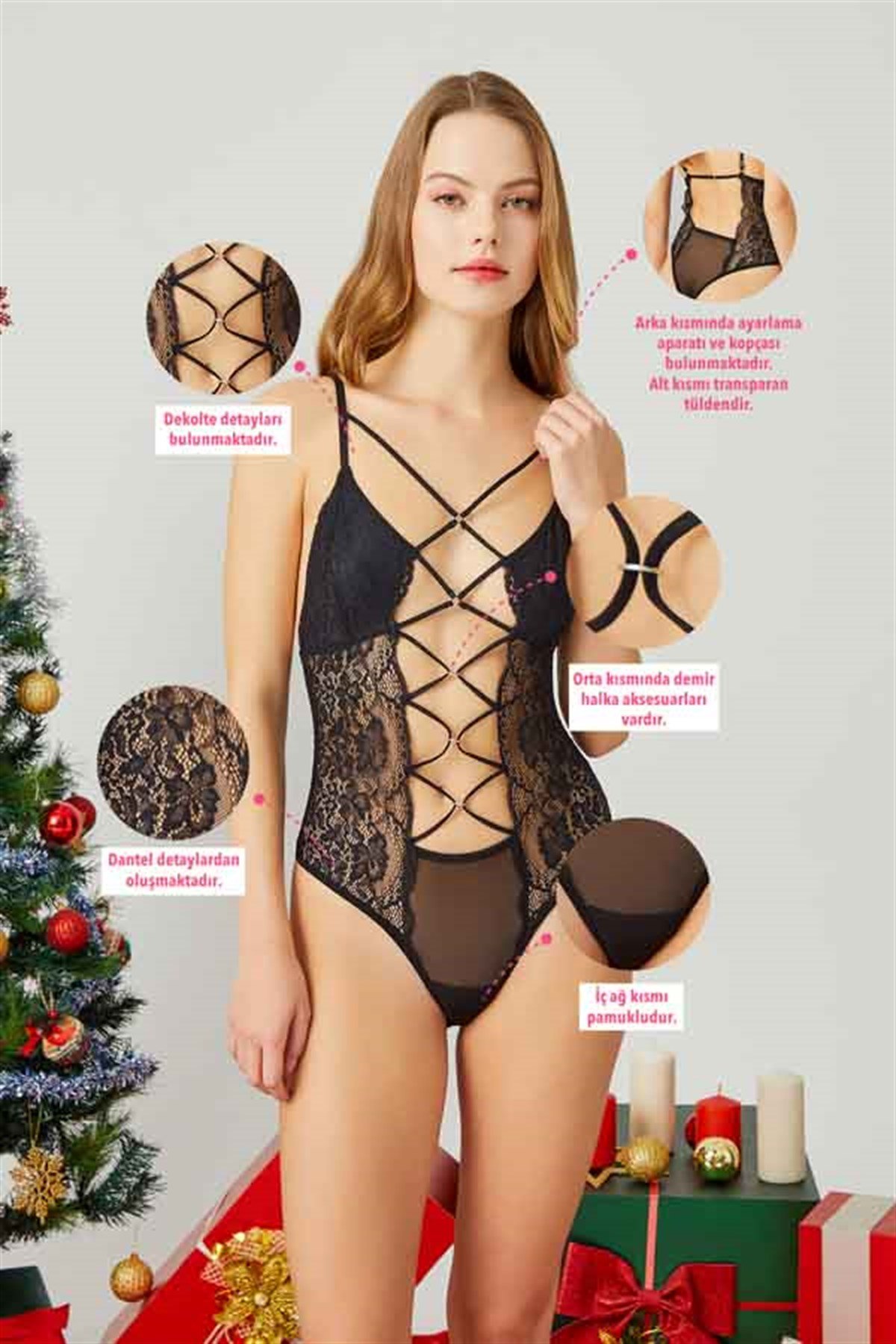 Siyah İp Detaylı Ayarlanabilir Lastikli Dantelli Kadın Bodysuit