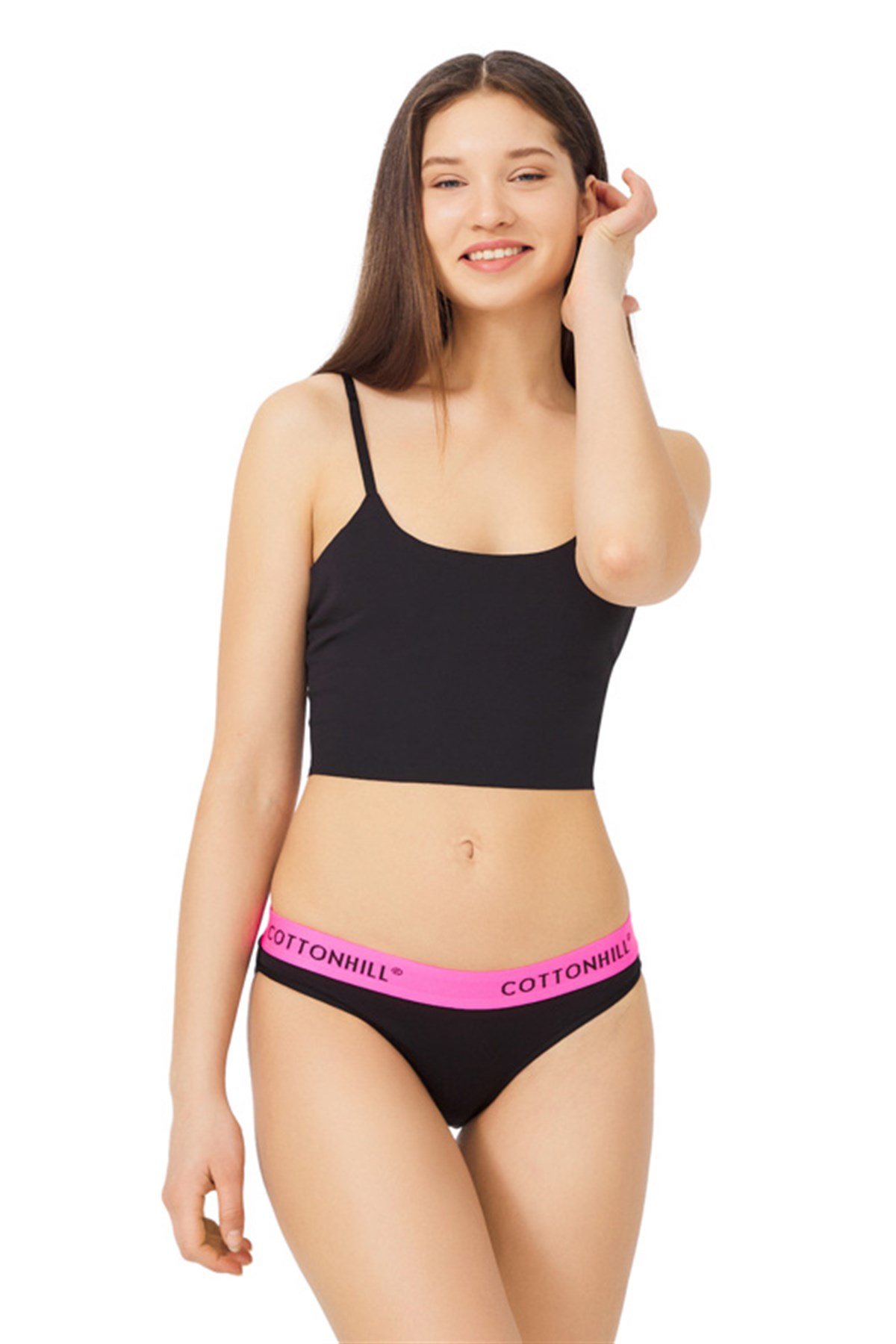 Siyah Pamuklu Pembe Lastikli Basic Kadın Bikini Külot