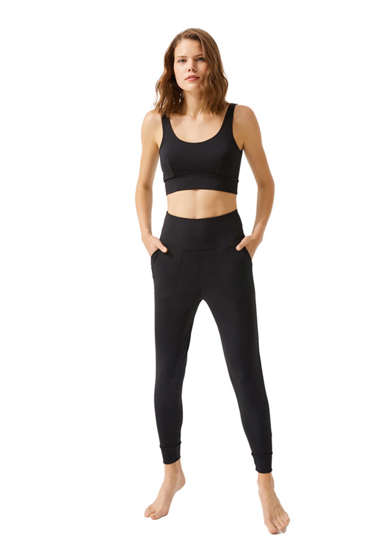 Siyah Yüksek Bel Toparlayıcı Çift Cepli Kadın Jogger Eşofman Altı