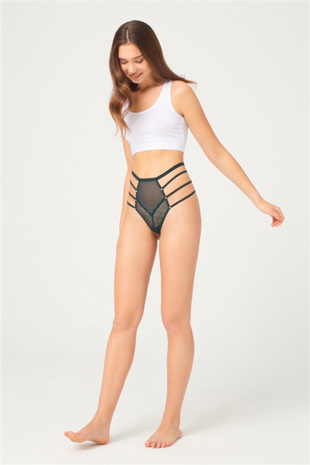 Tenan Yeşil Transparan Fiyonklu Kadın String Külot